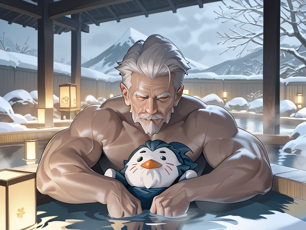 a nipple-pierced elderly muscle man, soaking in an onsen pool, he is holding a giant plush toy, midnight, lantern, winter, snowfall, icy mountain,detailed elderly man portrait,muscular old man,facial features,relaxing pose,steam from onsen,glowing lantern,snowy mountain landscape,overcast night sky,4k,highly detailed,photorealistic,cinematic lighting,moody atmosphere,japanese ukiyo-e,traditional oil painting