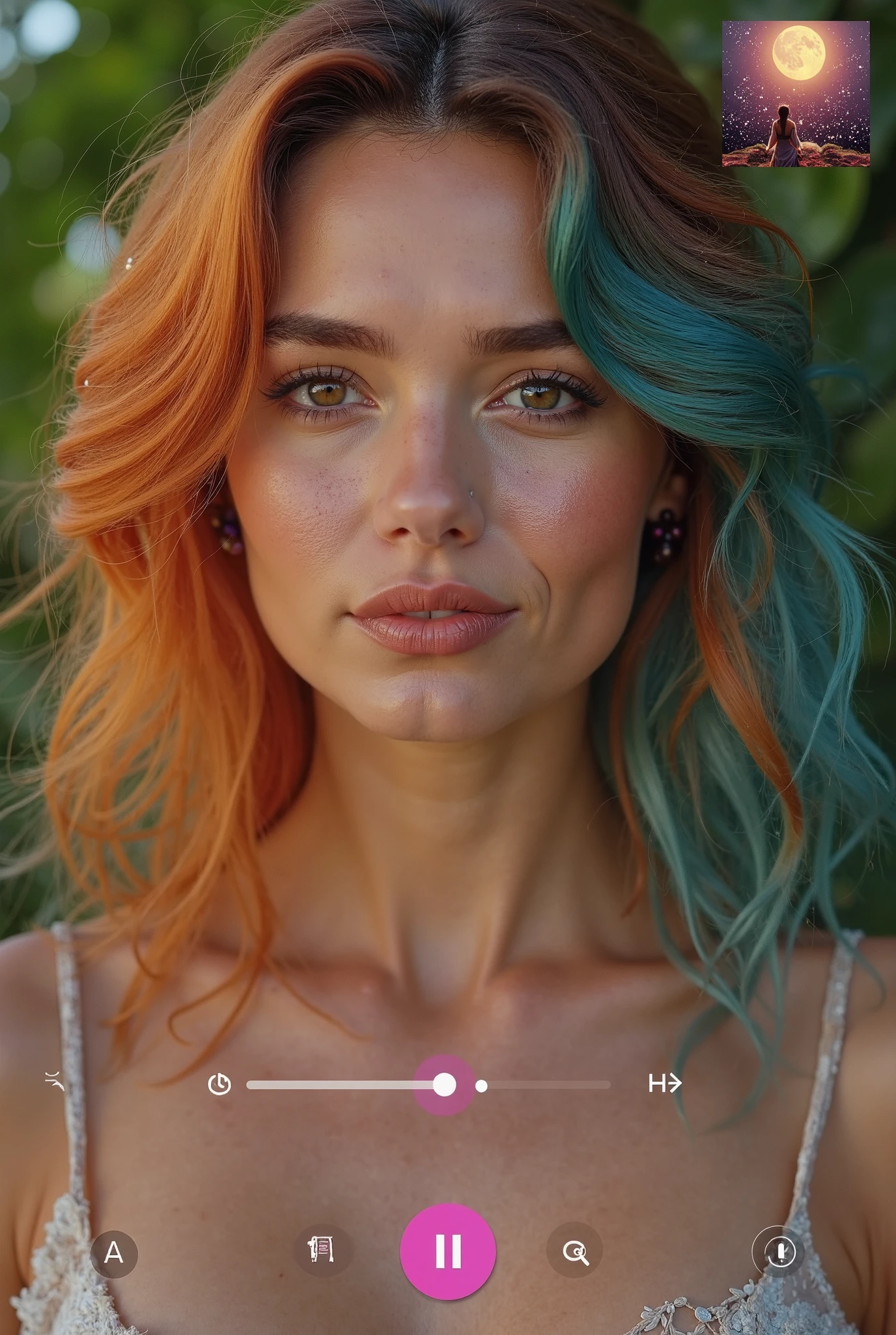 Score_9,score_8_up,score_7_up, beautiful lady, (freckles), big smile, brown hazel eyes, Ponytail, makeup, hyperdetailed photography, soft light, head and shoulders portrait , colourful gradient hair, highlights, 