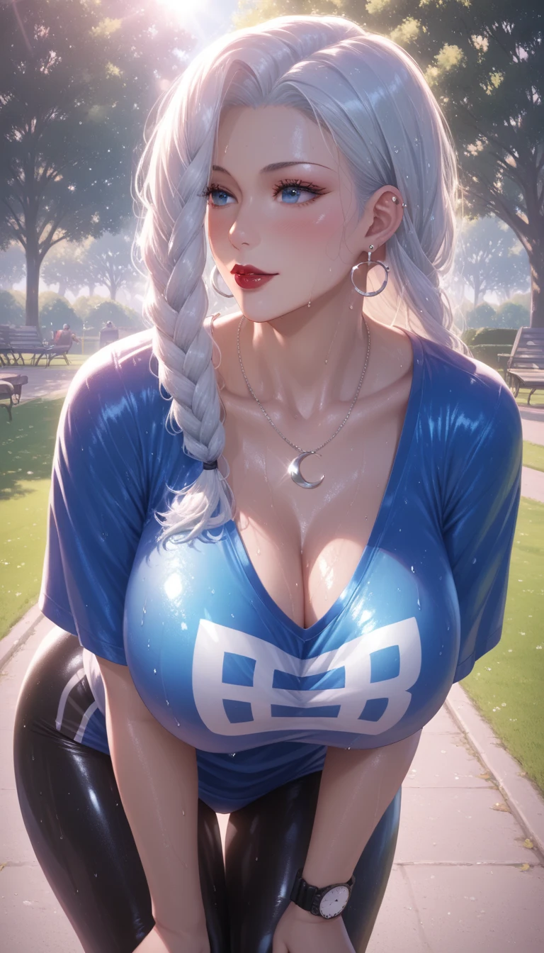 (best quality, ultra-detailed, photorealistic: 1.39), bright and vibrant colors, studio lighting, romantic expression, love smile, Anime girl, blue eyes, white hair, long braided hair, muy voluptuosa, teen, medium breast, shy smile, wallpaper, tank top, long pleated skirt with flower prints, breasts bounce, on the street, in a seductive pose, tatoos
