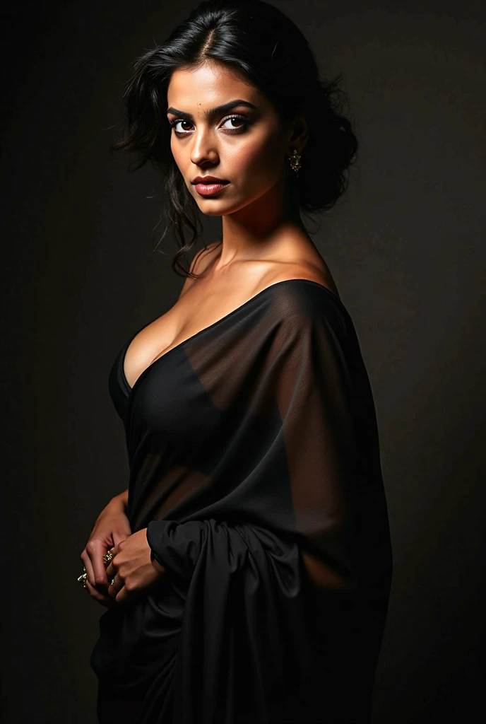 woman bathed in deep blue light, leaning against a wall, looking into the camera in a moment of raw emotion. Her attire is minimal, accentuating her beauty with the dramatic shadows cast by the lighting. The background is stark, with sharp contrasts highlighting the contours of her form. The blue and black palette intensifies the mood, evoking a sense of mystery and allure. Subtle film grain and meticulous shading add depth and texture, emphasizing the emotional gravity of the scene. The lighting creates a chiaroscuro effect, accentuating her expressive pose and the intense atmosphere.