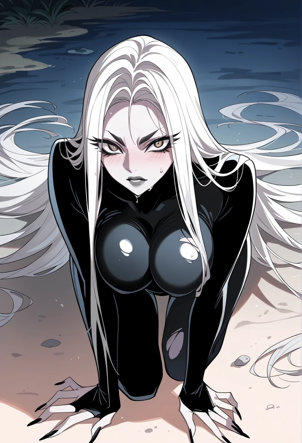 digital art drawing, illustration of (woman, long white hair mid part, brown eyes, sexy facial expression, black clothes, deep v neck body suit, black shorts, flat chest, red lips, cyberpunk, plain red background), anime drawing/art, bold linework, illustration, digital art, masterpiece, flat illustration, no shadows, 8k resolution, high detail, vector art, only anime, perfect eyes, perfect hands, perfect fingers, sharpness, high clarity, medium shot, high fidelity