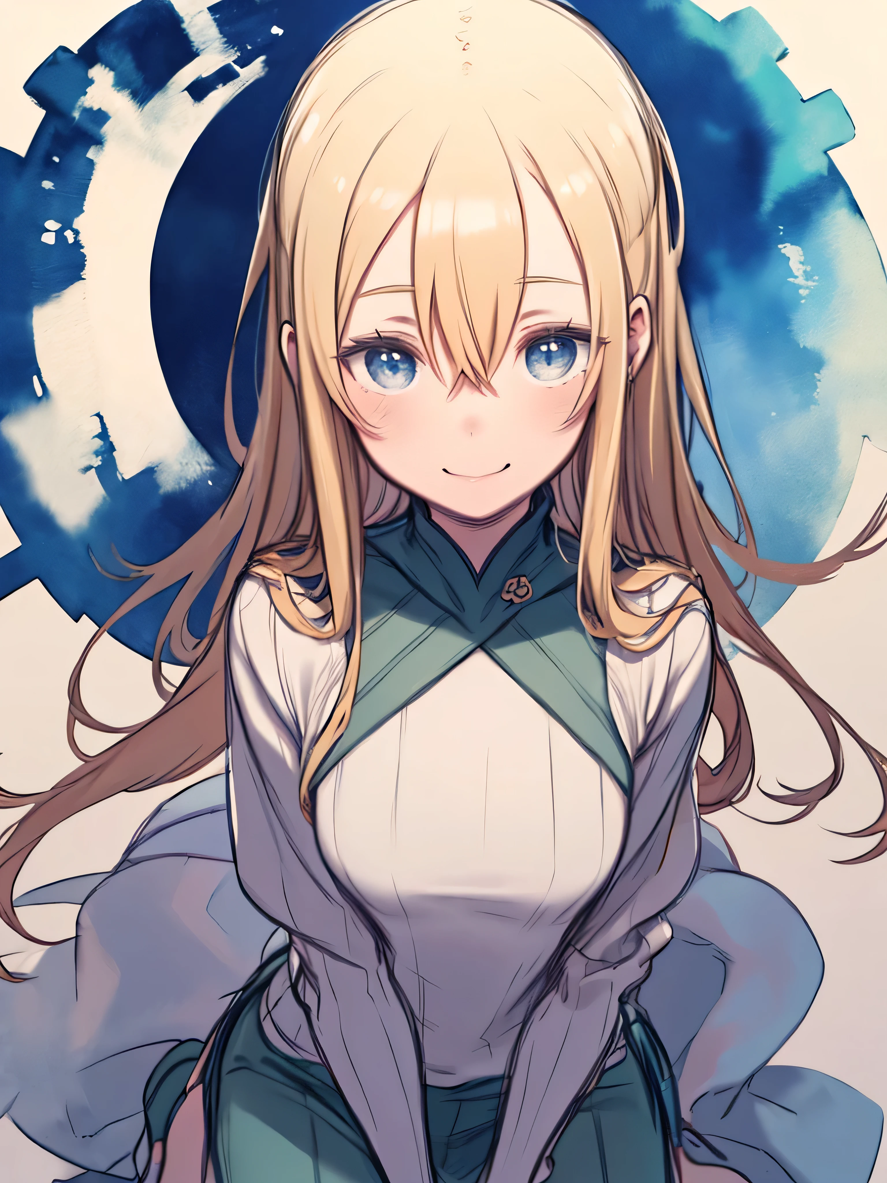 Smiling woman kneeling in prairie、upper body、cute、blue sky、 watercolor style、 sketch、blond hair、long hair、hair between eyes、Blue Eyes、green turtleneck sweater、