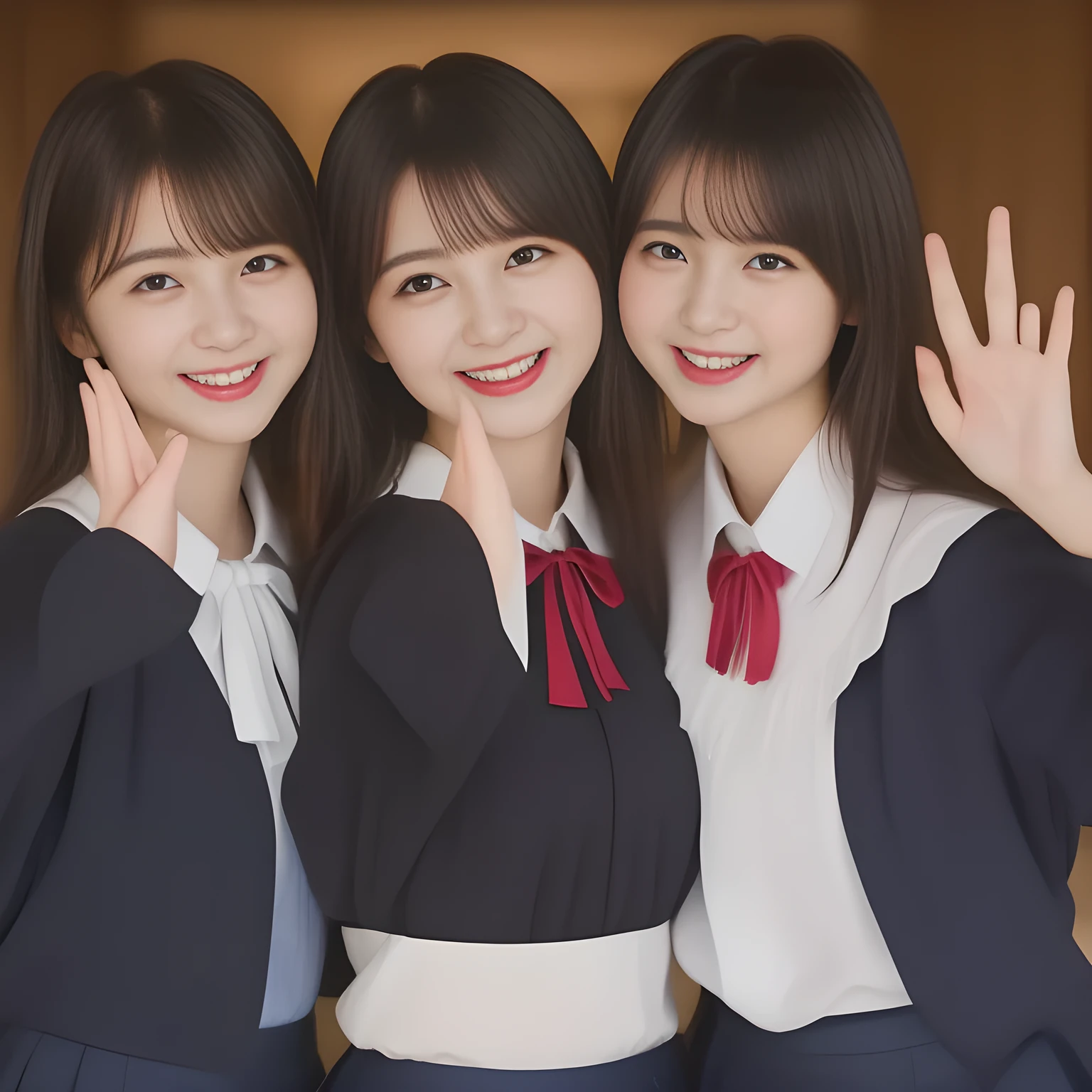 (masterpiece, best quality:1.2), High resolution, 1080P, 8K, 1girl, solo, (((too beautiful laughter and style of Three zinomy girls)) with detailed with wide open mouth. All the girls are noble, neat, intelligent and beautiful slender, maximum laughter of happiness, neat seducing uniform and skirt: 1.8), (Incredibly well organized pure white face, Glossy lips, Very long black beautiful straight hair like a hair model, Pure and clear wet eyes, (((Noble and neat))) Japanese school uniform, (dark red cute school ribbon bow-tie), girly & fluttering ((frilled gorgeous expensive school blouse)), puffed sleeves, (dark-blue cutest well-pleated skirt): 1.7) ,(beautiful legs, white socks and school loafers), (Using expensive face-whitening cosmetics to make her skin more beautiful and pure by professional makeup artist: 1.0), (The 3 neat beautiful girls know well about the viewer's super fetishism for school uniforms, and satisfies it completely with skirt: 1.0), ((Inviting me) to come most close with (mind-melting maximum laughter) and (noble hand gesture) like alluring and looking into my eyes, with seducing pose and (beautiful hands and straighten fingers): 1.2), (well detailed face and seducing eyes: 1.8), (Three girls are giving the viewer extreme happiness of neat skirt: 1.5)