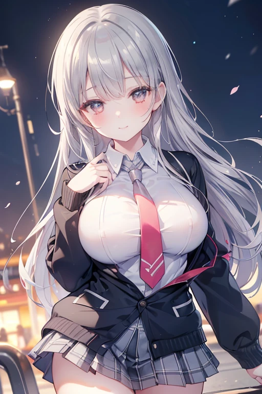 Erotic Anime Illustration、High resolution、Smiling dark-skinned plump high school girl、sailor suit、mini skirt、gray hair、beautiful eyes、perfect proportions、Kagamine rin、Overwhelming big breasts that go beyond common sense、thick legs with fat、busy street、cowboy shot