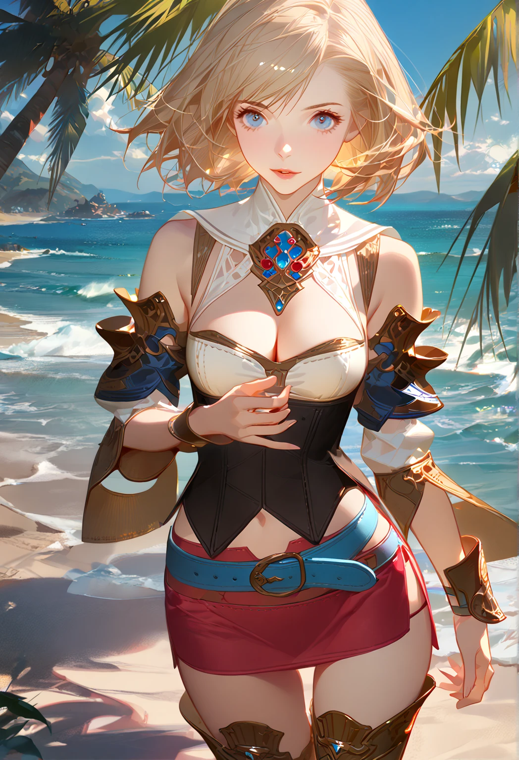 cowboy shot,(the golden ratio,masutepiece, of the highest quality, Best Quality, Official art, Beautiful and aesthetic:1.2), ighly detailed, Colorful,highest details,Illustrations, fantastical scenes, (Adults,age19,1girl in, Solo, Final Fantasy 12,Ashelia, shorth hair, short-hair,Ashelia Costume, Colossal tits, a miniskirt,knee sox, thighs thighs thighs thighs, jewely, Blue belt,Number on one of the belts),Line of action, scornful look , Hands on hips