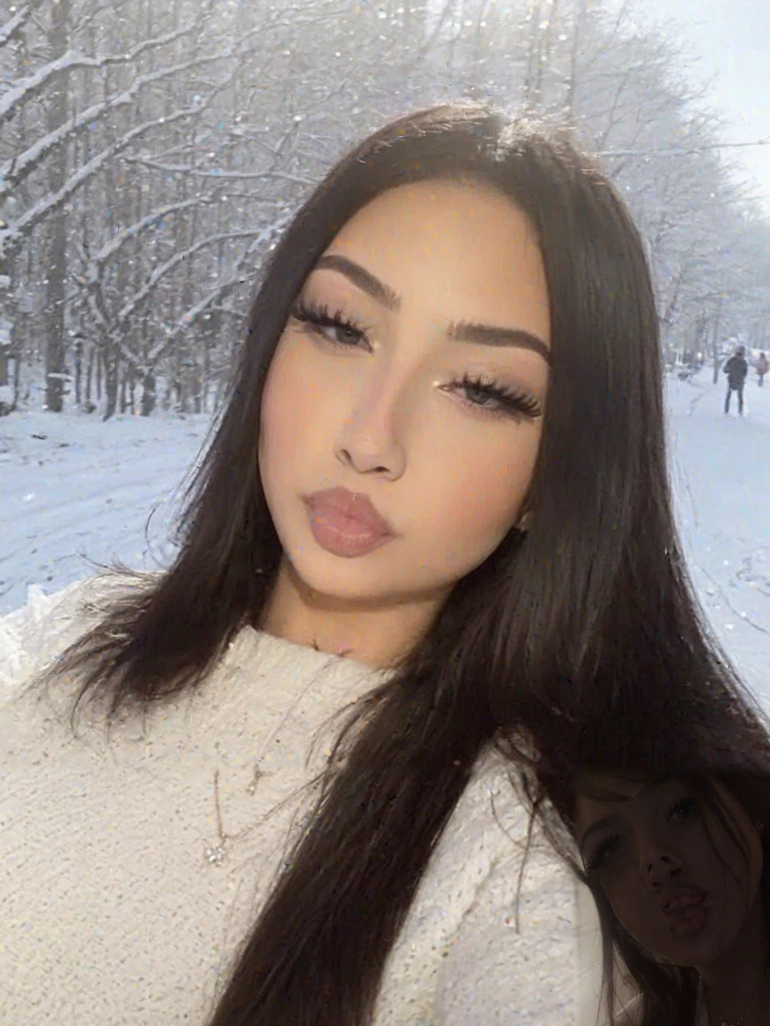 Close-up photography of the face of a beautiful girl wearing copypaste makeup, taking selfie, white sweater, outdoors, snowing, Best Quality