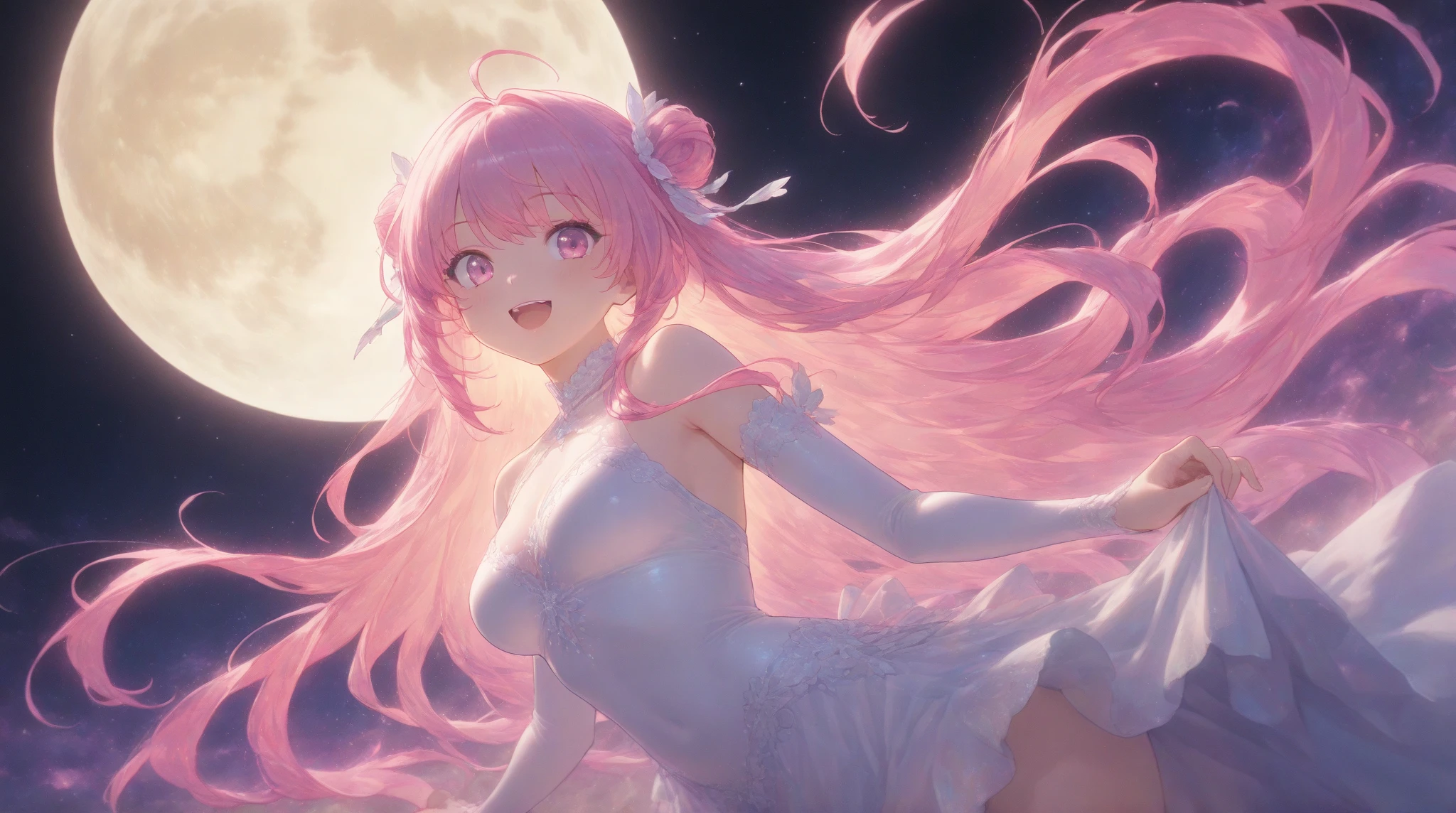 Nino Nakano laughing,pose sexy,sheltered dress ,moonlight ice lake