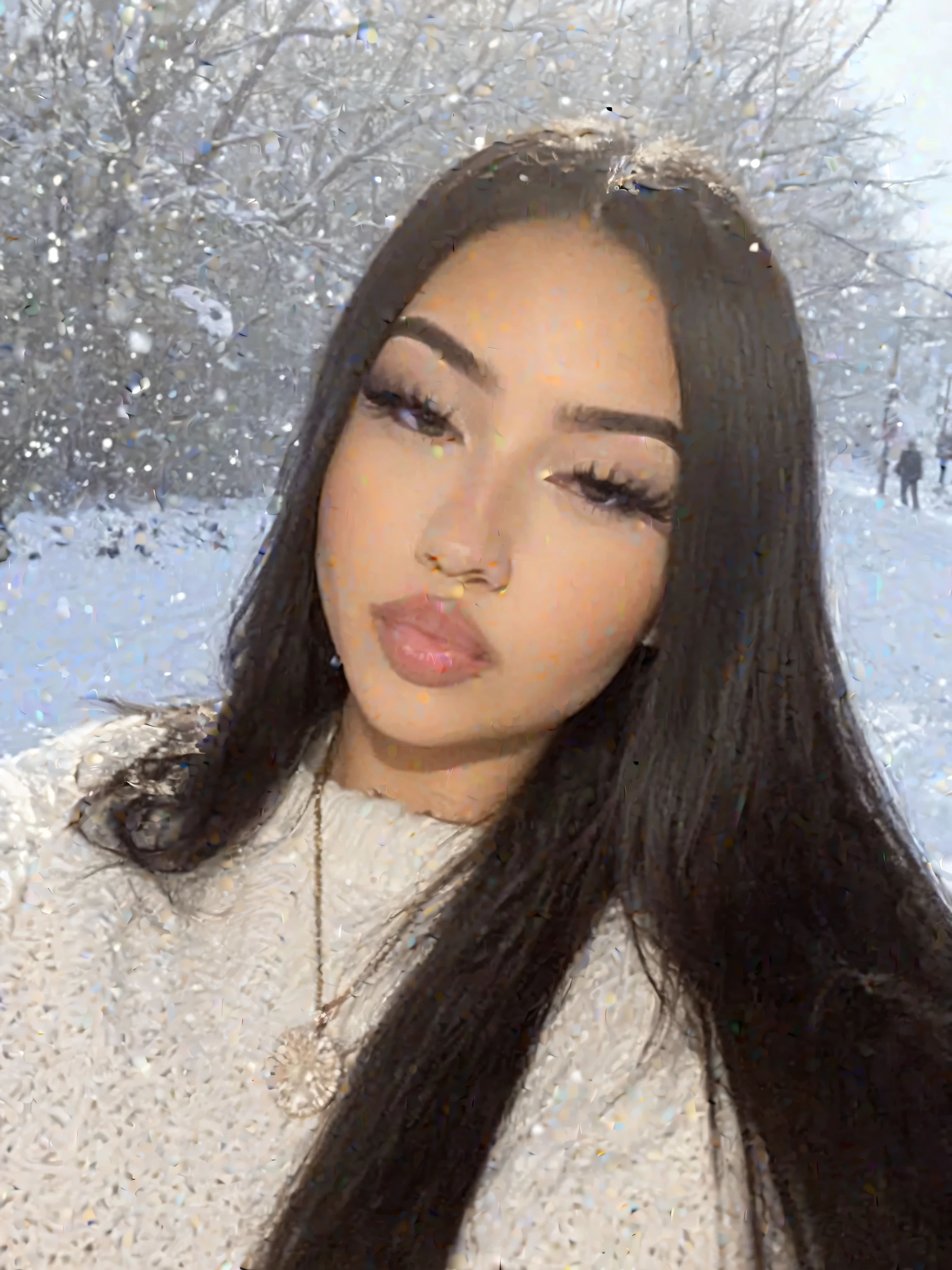 Close-up photography of the face of a beautiful girl wearing copypaste makeup, taking selfie, white sweater, outdoors, snowing, Best Quality