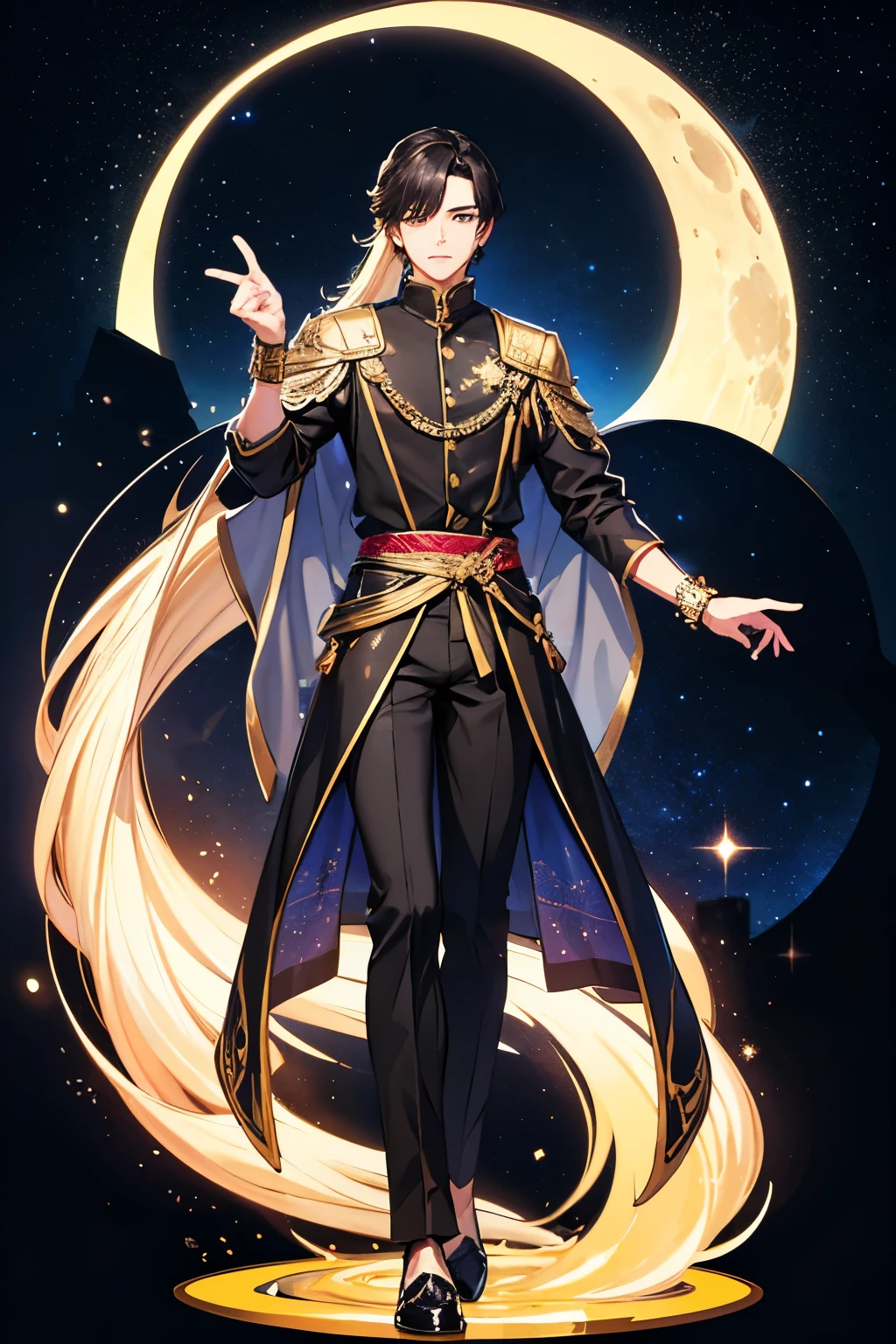 male costume。Men's costume designs with the theme of the fantastic moon and night sky。A full-body costume based on deep purple、mysterious attire studded with motifs of the moon and stars。For a jacket with a flowing silhouette、Delicate gold and silver embroidery is applied、Expressing constellations and celestial bodies。thin, shining stardust decorations on the shoulders and cuffs、as if you were wearing a night sky。Designs with a fantastic atmosphere、A full-body costume with a sense of transparency while maintaining a sense of luxury。