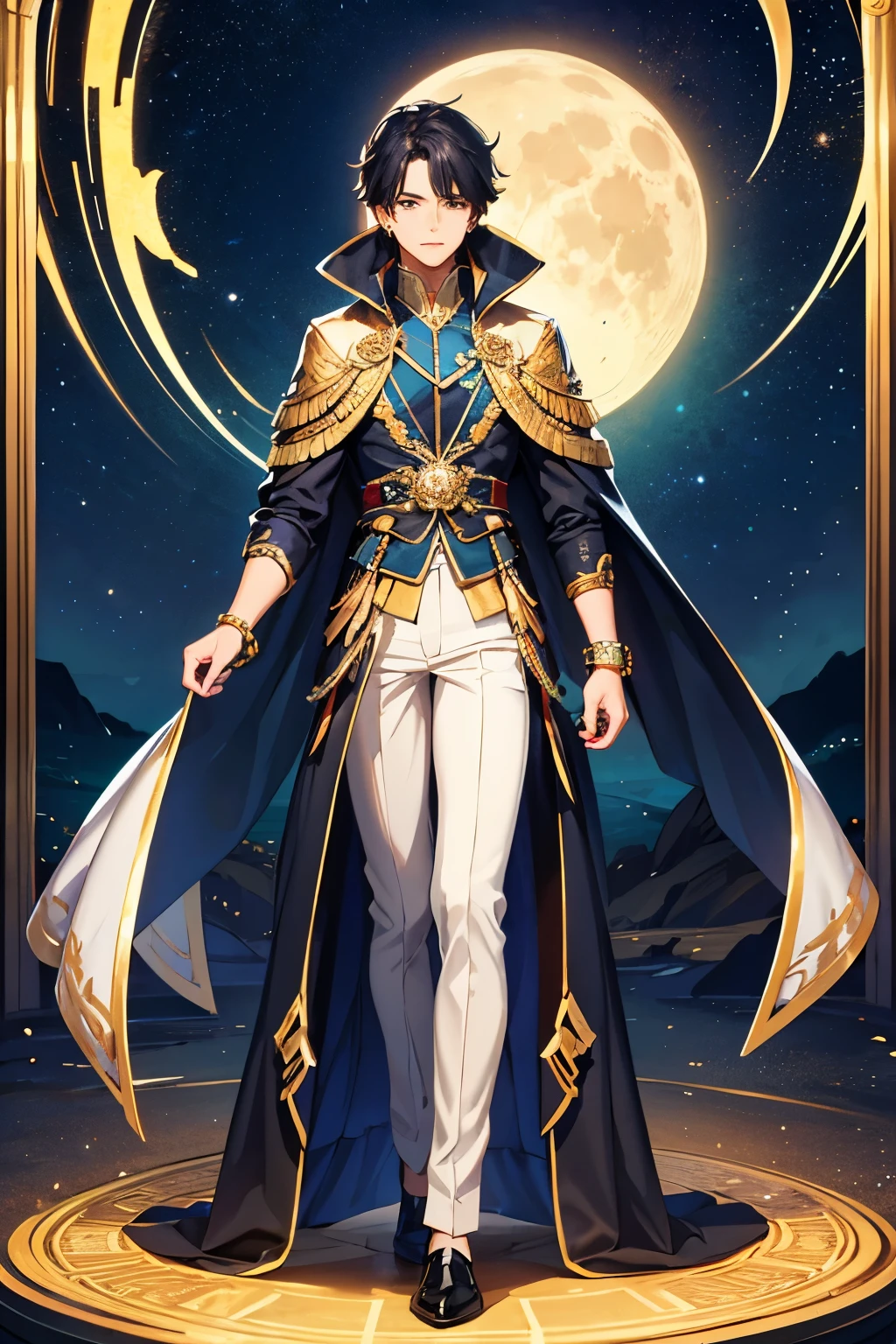 male costume。Men's costume design with a fantastic moon and night sky theme。A full-body costume based on deep purple、mysterious attire studded with motifs of the moon and stars。For a jacket with a flowing silhouette、Delicate gold and silver embroidery is applied、Expressing constellations and celestial bodies。thin, shining stardust decorations on the shoulders and cuffs、as if you were wearing a night sky。Designs with a fantastic atmosphere、A full-body costume with a sense of transparency while maintaining a sense of luxury。