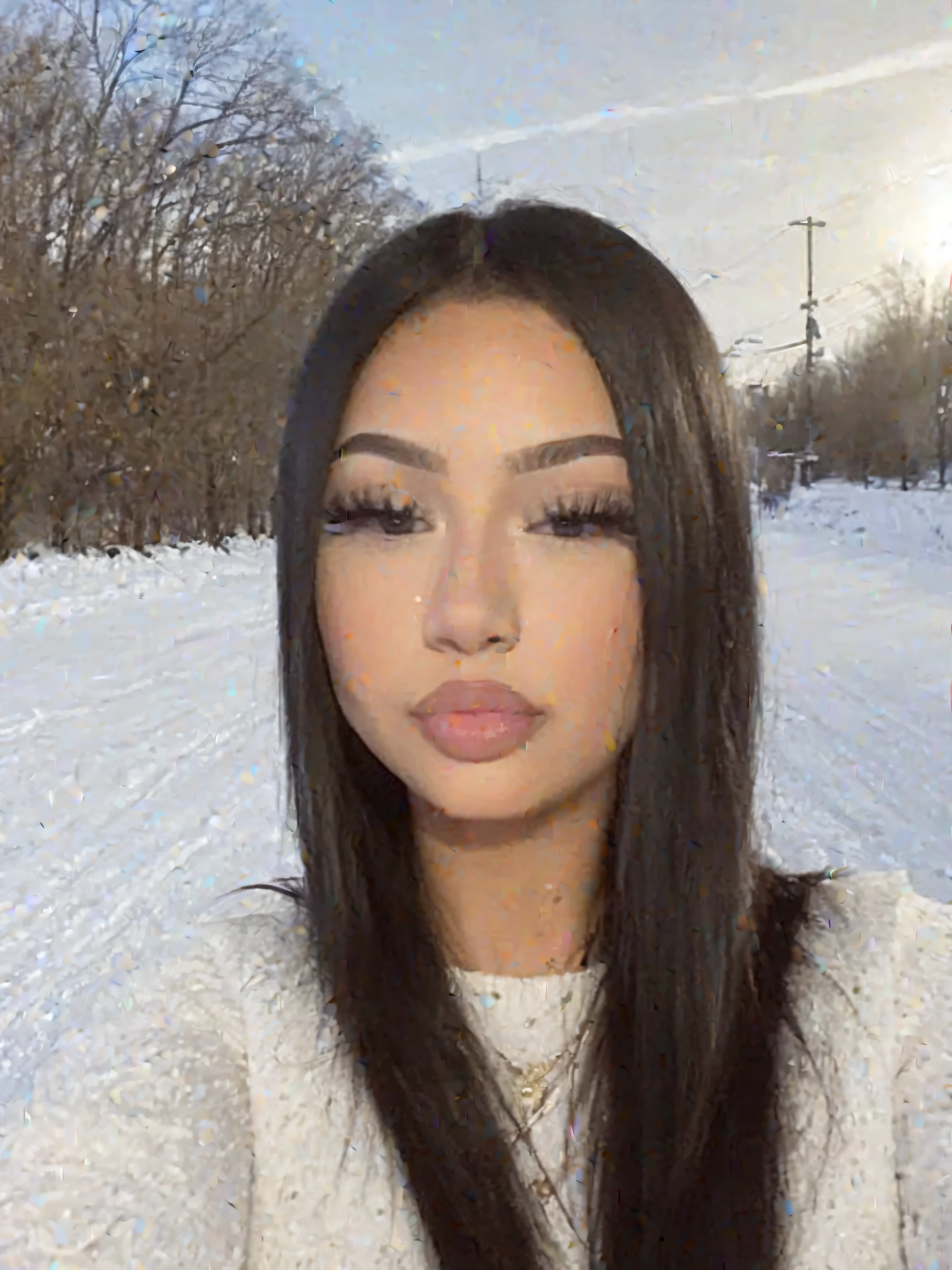 Close-up photography of the face of a beautiful girl wearing copypaste makeup, taking selfie, white sweater, outdoors, snowing, Best Quality