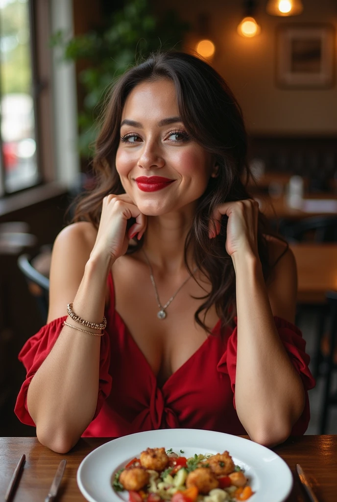 Gorgeous portrait of an older Spanish woman, long wavy hair, bright red lips, black eye shadow, charming smile, deep neckline, cafe, eye contact, looking at viewer, masterpiece, best quality, perfect detail, perfect face detail, perfect eye detail , perfect skin detail, depth of field, perfect lighting
