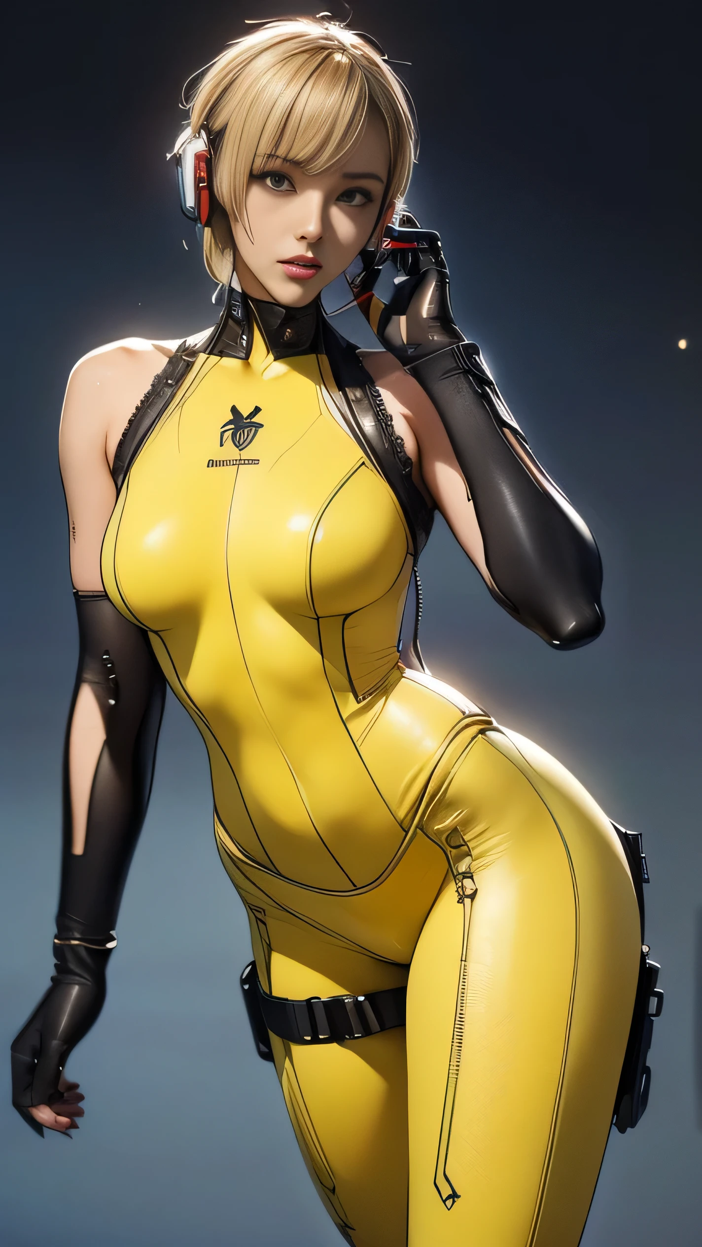 16k, UHD, Hyperrealistic, High detail, best quality, beautiful woman with blonde hair, very tight sheer black tights, short yellow dress with sheer ((horizontal)) black stripes exposing torso, yellow heels, wearing headphones, sexy, model, large boobs