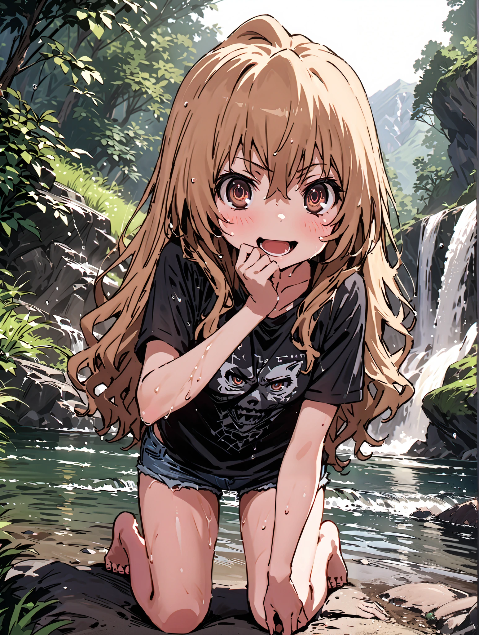 score_9, score_8_up, score_7_up, source_anime,
Taigaisaka, Aisaka Taiga,Alone, long hair, brown hair, brown eyes,ponytail,smile,open your mouth,plain black t-shirt,belly button sticking,Tie the hem of the shirt,denim micro shorts,Bare legs,wet skin,wet hair, wet clothes,in line of sight,river,Mountain,forest,waterfall,river遊び, playing in the water,full bodyがillustration for both eyesに入るように,
break outdoors, nature,
break looking at viewer,full body,
break (masterpiece:1.2), top quality, High Resolution, Unity 8K Wallpaper , (illustration for both eyes:0.8), (Beautiful Detailed Eyes:1.6), very detailed face, perfect lighting, highly detailed CG, (perfect hand, perfect anatomy),