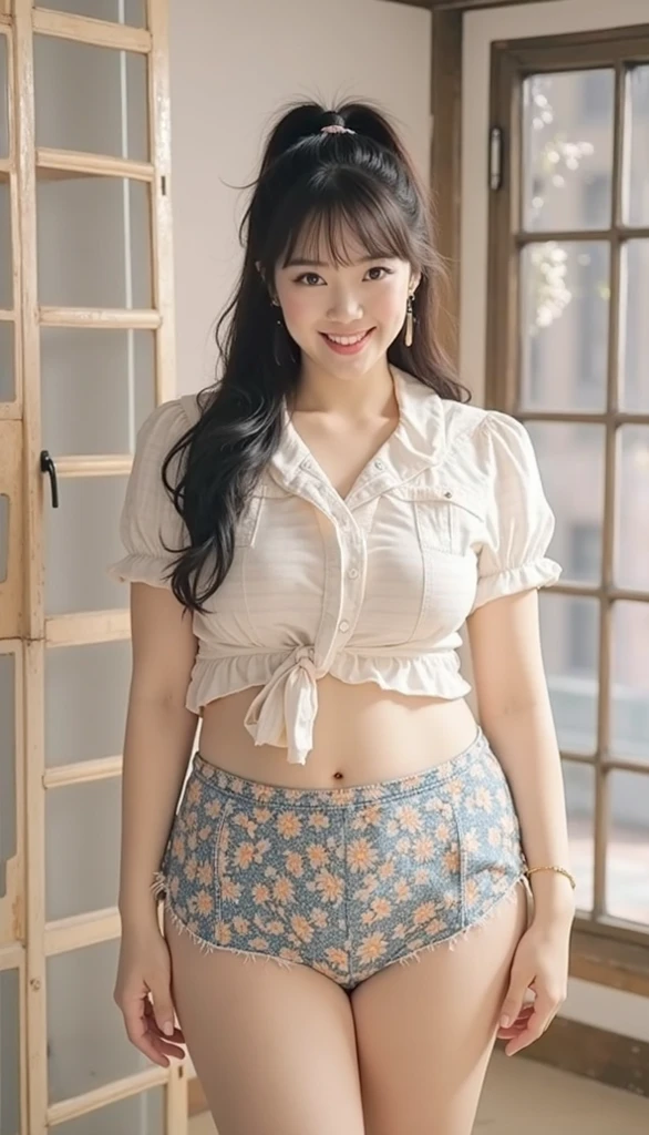 1 girl, slightly obese body, big size, round face, double chin, overweight, Shoulder length Fluffy short curly hair , high-long white hoodie lace gauze  skirt ，navel，holding her weight on her stomach and looking at the camera，dark room, walking , wearing a five bracelet and on her fingers, wearing a huge diamond necklace 