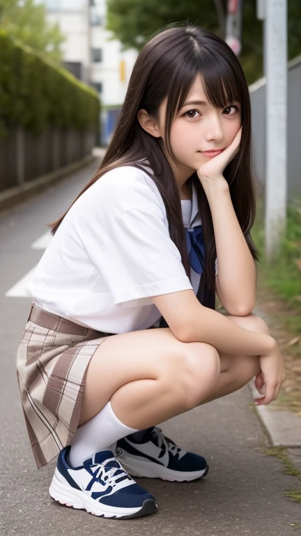 Best-quality, Masterpiece, Ultra-High-Resolution, (Photorealistic:1.4), Raw-Photo, 1girl, solo, -yeld, thost popular Japanese idol, wearing only Japanese high-school uniform, squatting on Japanese high-school corridor, innocent-smile, (extremely cute face like the most famous Japanese idol, (extremely cute big-black-eyes), extremely cute hairstyle, extremely beautiful and extremely realistic skins), extremely cute lips, extremely cute eyelashes, extremely beautiful thighs, extremely beautiful legs