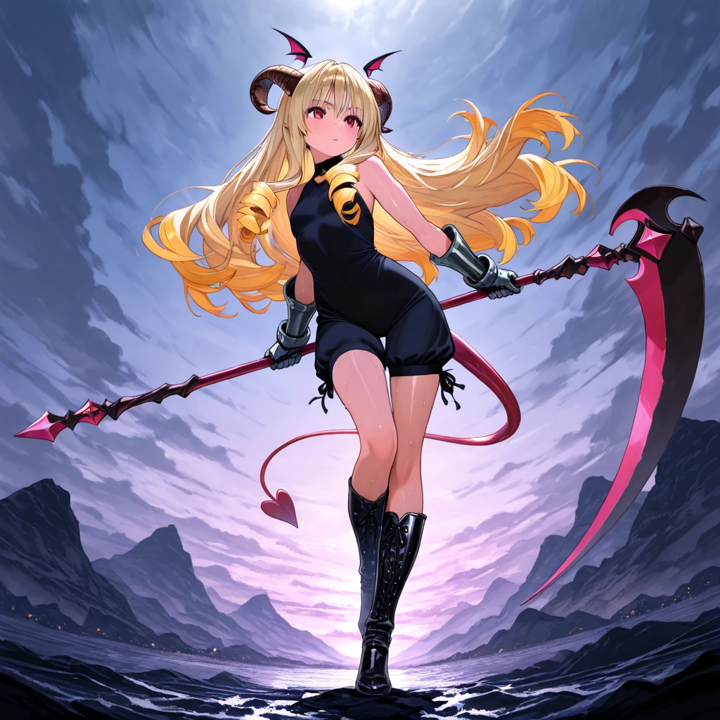 1girl, solo, long hair, breasts, looking at viewer, smile, open mouth, bangs, blonde hair, red eyes, thighhighs, white background, holding, animal ears, bare shoulders, full body, weapon, small breasts, boots, holding weapon, armor, rabbit ears, hair over one eye, high heels, leotard, highleg, helmet, polearm, black leotard, highleg leotard, holding polearm