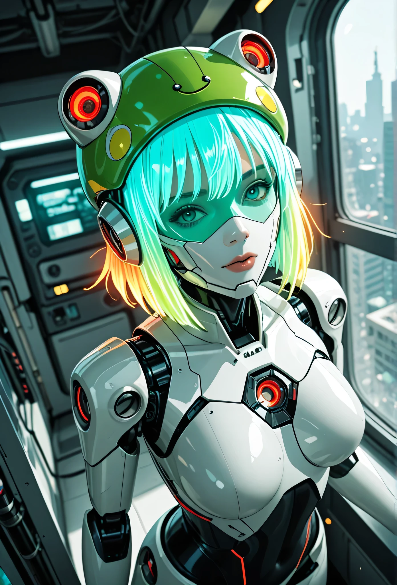 masterpiece, best quality, good quality, very aesthetic, absurdres, newest, 8K, depth of field, focused subject, dynamic angle, side view, from above, action shot, wabi sabi android woman, rainbow hair, glowing hair, cute simplistic frog hat, gazing at the viewer, clean visible face, clean white rectangular ceramic material and mechanical parts, their face mask is open, one eye has mechanical enhancements, servos, wires, exposed circuits, skin, holding giant green lillypad, (futuristic fractal shaped artemis station in background, window view), Sci-fi anime movie (style by George Shaw),shallow depth of field, vignette, (Fujicolor Superia X-TRA 400) , (bioluminecent glow:0.8),
in the style of cknc,