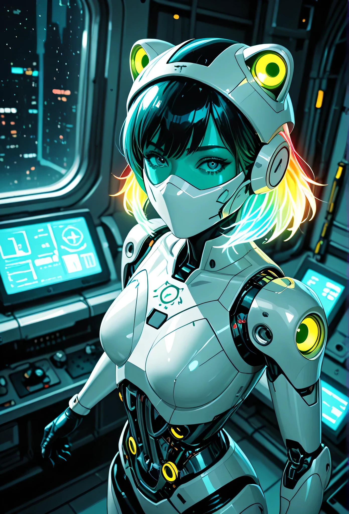 masterpiece, best quality, good quality, very aesthetic, absurdres, newest, 8K, depth of field, focused subject, dynamic angle, side view, from above, action shot, wabi sabi android woman, rainbow hair, glowing hair, cute simplistic frog hat, gazing at the viewer, clean visible face, clean white rectangular ceramic material and mechanical parts, their face mask is open, one eye has mechanical enhancements, servos, wires, exposed circuits, skin, holding giant green lillypad, (futuristic fractal shaped artemis station in background, window view), Sci-fi anime movie (style by George Shaw),shallow depth of field, vignette, (Fujicolor Superia X-TRA 400) , (bioluminecent glow:0.8),
in the style of cknc,