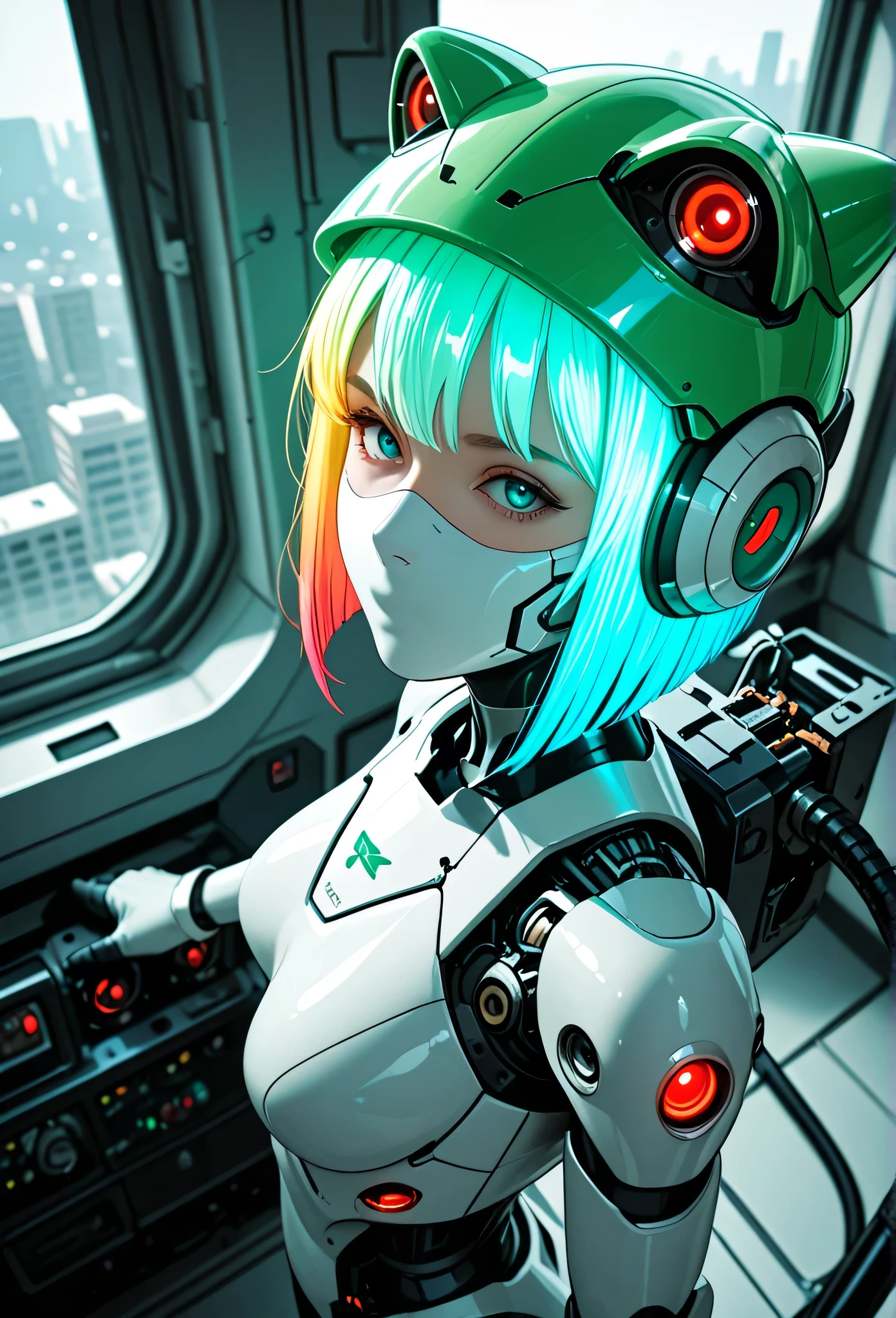 masterpiece, best quality, good quality, very aesthetic, absurdres, newest, 8K, depth of field, focused subject, dynamic angle, side view, from above, action shot, wabi sabi android woman, rainbow hair, glowing hair, cute simplistic frog hat, gazing at the viewer, clean visible face, clean white rectangular ceramic material and mechanical parts, their face mask is open, one eye has mechanical enhancements, servos, wires, exposed circuits, skin, holding giant green lillypad, (futuristic fractal shaped artemis station in background, window view), Sci-fi anime movie (style by George Shaw),shallow depth of field, vignette, (Fujicolor Superia X-TRA 400) , (bioluminecent glow:0.8),
in the style of cknc,