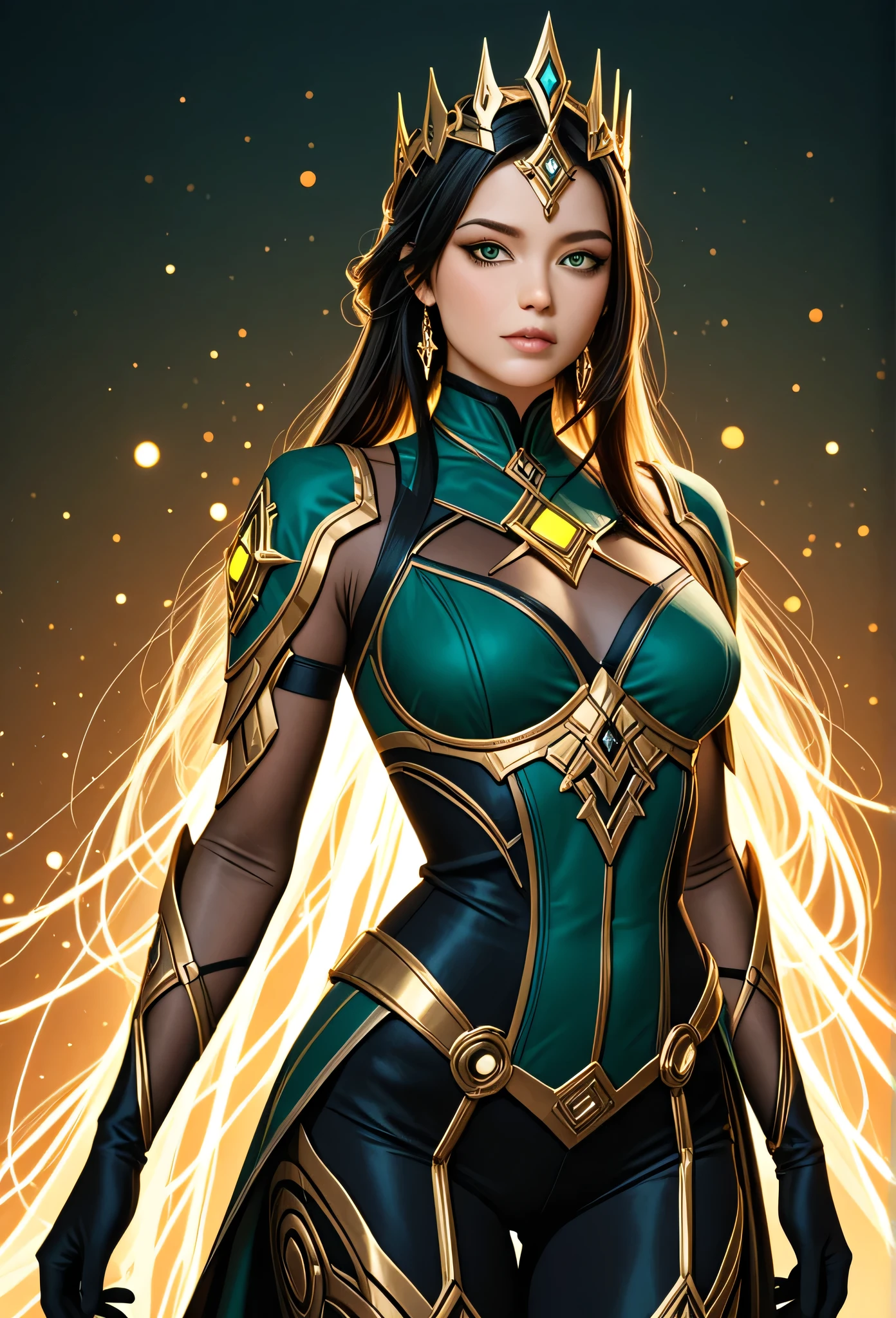 A striking portrait of a futuristic and elegant woman, standing confidently against a smoky, glowing background of warm reds and oranges looking at the viewer. Her outfit is a form-fitting bodysuit with a dual-toned design: deep red and olive green, accented with subtle golden ruffles on her shoulders and hips. The fabric is smooth and detailed, hugging her figure while exuding both elegance and a touch of avant-garde fashion. Her left arm is adorned with matching long gloves, emphasizing her poised and composed stance. Her hairstyle is bold and asymmetrical, featuring short, sleek black hair with a partially shaved side that reveals intricate geometric patterns. She wears an elaborate, angular headpiece that fans out like a futuristic crown, made of thin metallic rods in gold and bronze tones, with dangling ribbons adding a touch of delicacy. Her makeup is dramatic, with dark eyeliner and hints of red around her eyes, complemented by a soft, glossy lip color. She is depicted mid-action, her hand gracefully raised as if summoning or manipulating small, glowing, golden dice that float effortlessly in the air. The dice have intricate runic engravings that catch the light, giving them a mystical and futuristic feel. The background is rich with smoky textures and glowing, diffused light, enhancing the warm tones of the scene and creating a dramatic, cinematic atmosphere.