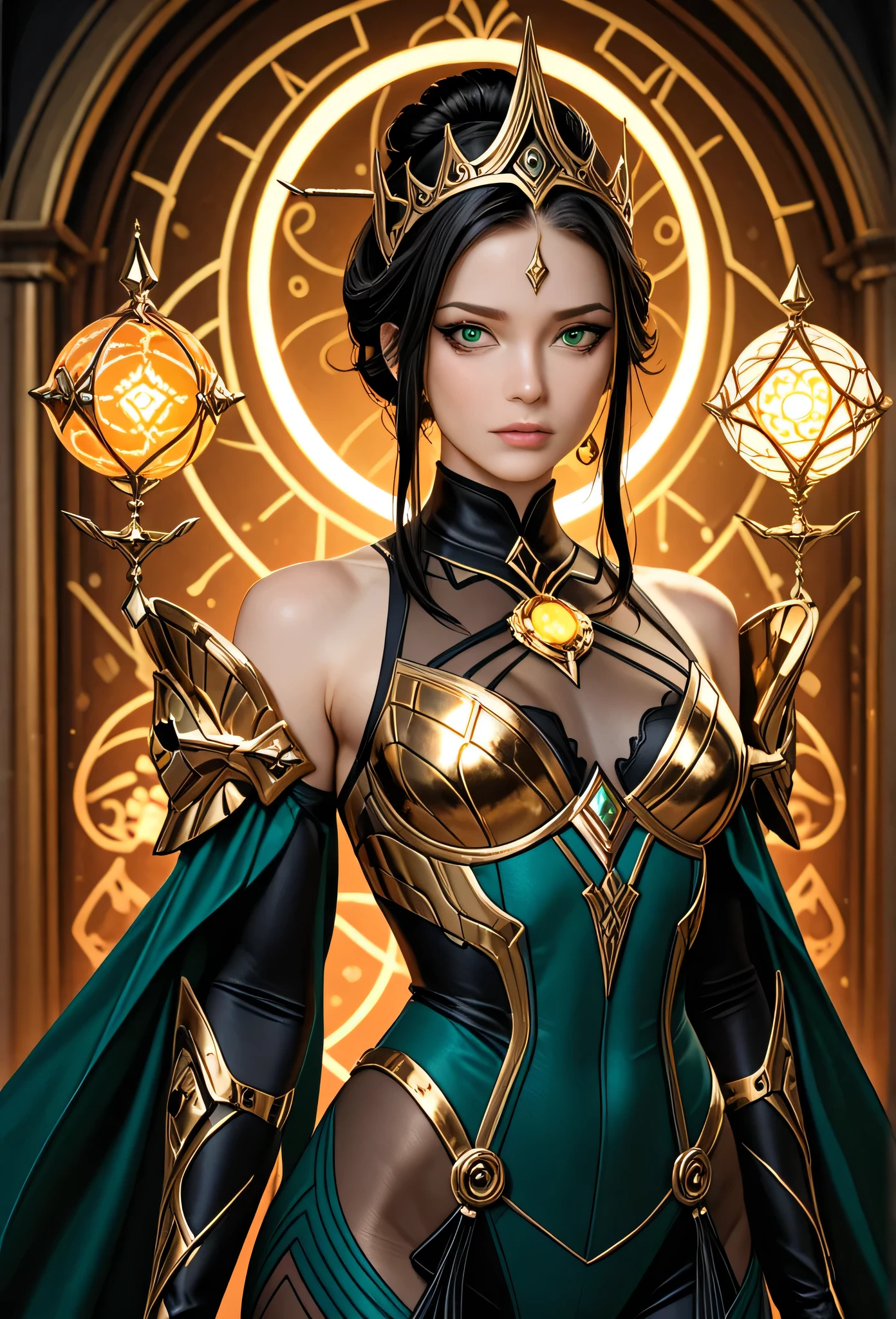 A striking portrait of a futuristic and elegant woman, standing confidently against a smoky, glowing background of warm reds and oranges looking at the viewer. Her outfit is a form-fitting bodysuit with a dual-toned design: deep red and olive green, accented with subtle golden ruffles on her shoulders and hips. The fabric is smooth and detailed, hugging her figure while exuding both elegance and a touch of avant-garde fashion. Her left arm is adorned with matching long gloves, emphasizing her poised and composed stance. Her hairstyle is bold and asymmetrical, featuring short, sleek black hair with a partially shaved side that reveals intricate geometric patterns. She wears an elaborate, angular headpiece that fans out like a futuristic crown, made of thin metallic rods in gold and bronze tones, with dangling ribbons adding a touch of delicacy. Her makeup is dramatic, with dark eyeliner and hints of red around her eyes, complemented by a soft, glossy lip color. She is depicted mid-action, her hand gracefully raised as if summoning or manipulating small, glowing, golden dice that float effortlessly in the air. The dice have intricate runic engravings that catch the light, giving them a mystical and futuristic feel. The background is rich with smoky textures and glowing, diffused light, enhancing the warm tones of the scene and creating a dramatic, cinematic atmosphere.