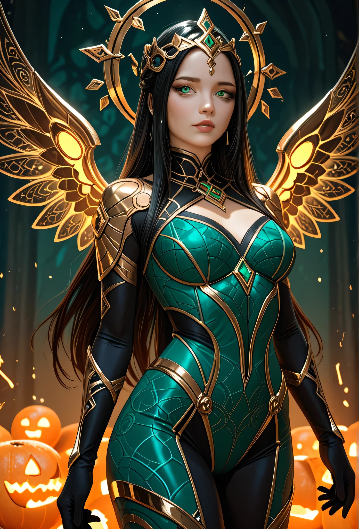 A striking portrait of a futuristic and elegant woman, standing confidently against a smoky, glowing background of warm reds and oranges looking at the viewer. Her outfit is a form-fitting bodysuit with a dual-toned design: deep red and olive green, accented with subtle golden ruffles on her shoulders and hips. The fabric is smooth and detailed, hugging her figure while exuding both elegance and a touch of avant-garde fashion. Her left arm is adorned with matching long gloves, emphasizing her poised and composed stance. Her hairstyle is bold and asymmetrical, featuring short, sleek black hair with a partially shaved side that reveals intricate geometric patterns. She wears an elaborate, angular headpiece that fans out like a futuristic crown, made of thin metallic rods in gold and bronze tones, with dangling ribbons adding a touch of delicacy. Her makeup is dramatic, with dark eyeliner and hints of red around her eyes, complemented by a soft, glossy lip color. She is depicted mid-action, her hand gracefully raised as if summoning or manipulating small, glowing, golden dice that float effortlessly in the air. The dice have intricate runic engravings that catch the light, giving them a mystical and futuristic feel. The background is rich with smoky textures and glowing, diffused light, enhancing the warm tones of the scene and creating a dramatic, cinematic atmosphere.