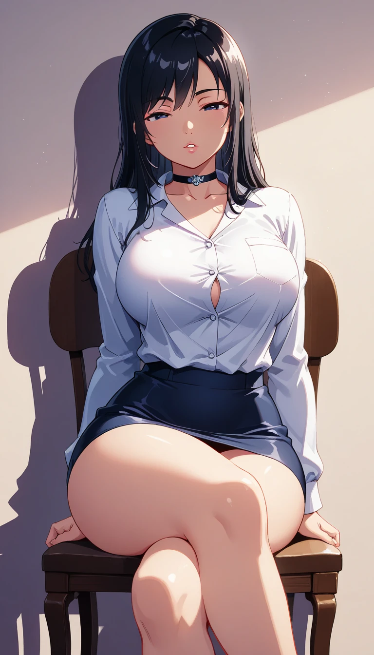 Sultry woman 36 years old, Spaniard, with lush hair, Dark, Tanned (Bronzed Skin); nice ass, Slim, Attractive, Attractive appearance; big black eyes, long eyelashes, piercing, burning, Lustful gaze; cute face; Large elastic natural breasts; Always without underwear; Women's school uniform(white shirt, black skirt, pantyhouse, Shoes), The top buttons of the shirt are unbuttoned, Depraved Posture, mouth open, protruding tongue, half closed eyes; Full-length photograph from a short distance; Anatomical realism, high quality textures, higly detailed