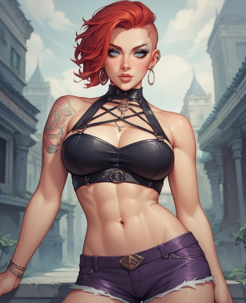 Beautiful eyes, (croptop), (black jeans), (full arm tattoo), illustration, (shop background) ((masterpiece)), (best quality), ((ultra-detailed)), beautiful detailed eyes, (wampire), ((modern landscape)), (original, highres), realism, semi-realism, (overexposure, illustration, ambient light), (beautifully detailed), (ultra-detailed), (light-shadow_symmetry:1.3), smooth, (perfect shading), (perfect rendering), (dynamic angle, natural pose), ((good anatomy)), (smile), demonic aura, (luscious ginger hair), (hair over one eye), (detailed face), ((intricate face)), smile, depth of field, dynamic from above, cinematic lighting, (photorealistic), (sharp-focus)