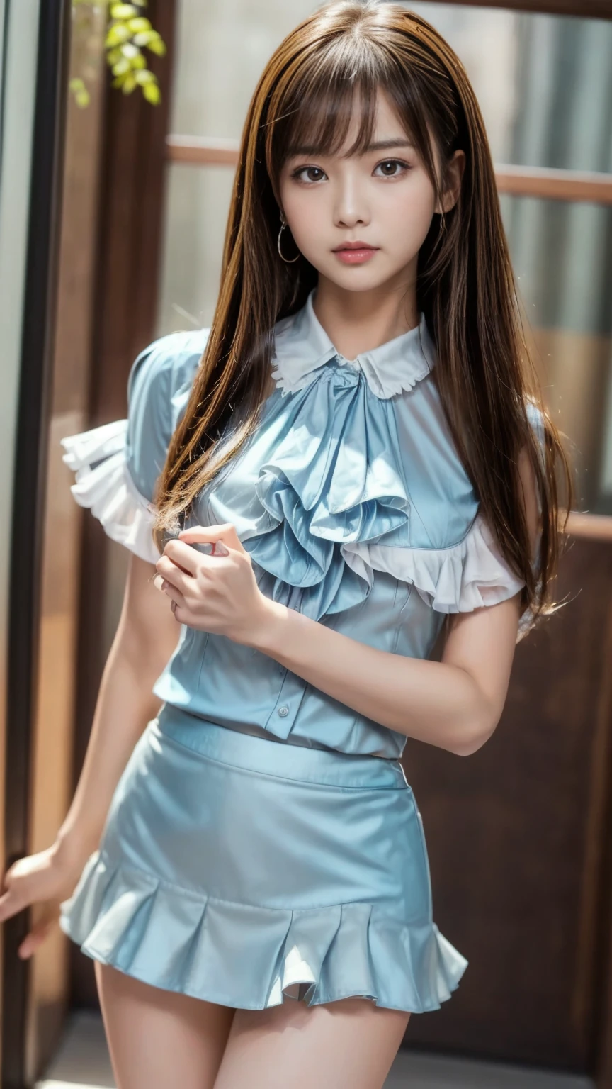 ((brown colored long hair:1.2)),((long straight hair:1.3)),((Nipples are see-through)),((Hair reaches the nipples)),((full bodyesbian)),((Smile:1.3)),(((Nice))),((Mini pleated skirt in blue:1.3)),((a beauty girl:1.3)),((校服:1.4)),((Sheer ruffled long-sleeved blouse:1.4)),((Blue bowtie blouse:1.3))、((Standing in the hallway of a school:1.3)),((Running towards us:1.4)),((Thin_textile:1.4)) ((Random sexy poses:1.3)) ((full of sweat:1.5))((Blushing face:1.4)) ((close-up:1.2)) Best Quality,masutepiece,超A high resolution,(Photorealistic:1.4),RAW photogr,(Mature skin texture:1.3),(film grains:1.3),in a panoramic view,Character Portrait,Very wide wide shot,((big breasts thin waist:1.3)),cowboy lens,(Darkness is, deepshadow, low tune, cold light,)Streaming Tears,,Dust,Tindall Effect,(expressions),1girll,beautiful detailed eyes and face,White Jabot,Brown eyes,Short skirt wrapped around the buttocks,Wear a skirt above the knee