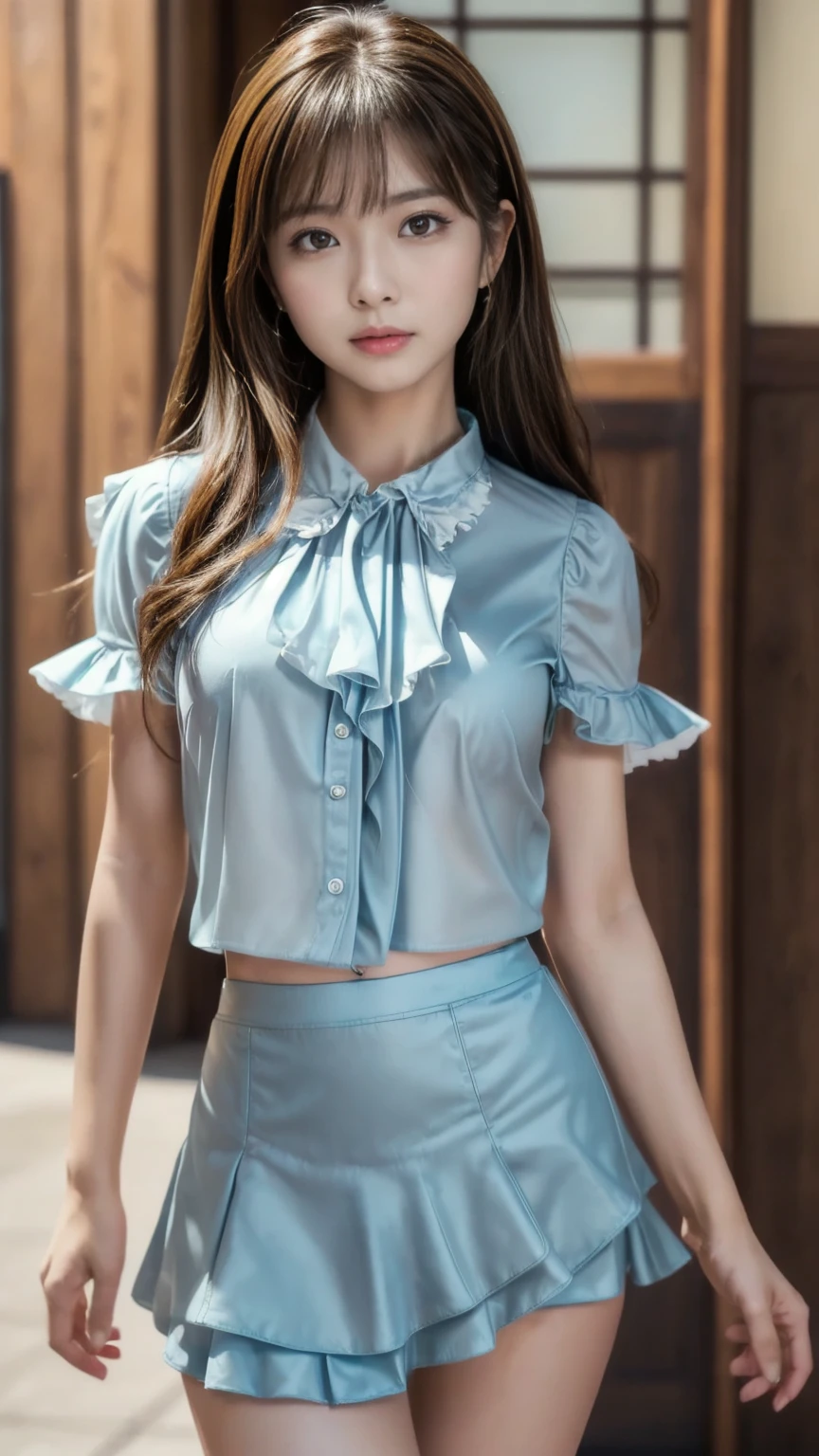 8k, masterpiece, RAW photo, best quality, photorealistic, extremely detailed CG unity 8k wallpaper, Depth of field, Cinematic Light, Lens Flare, Ray tracing, (extremely beautiful face, beautiful lips, beautiful eyes), intricate detail face, ((ultra detailed skin)) 1girl, pretty asian girl, (very slim slender fit-muscled body:1.3), ((looking at viewer)),(big smile:1.3), campus, landscape, lake, blue sky, sunshine, clear eyes, walking , front shot, (pale skin), face forward, (big eyes), ((upper body shot)), ((hot pink color silk blouse:1.3, short sleeve)), ((blue color skirt:1.3)), (brown hairs) (looking at viewer:1.3), medium breasts, open navel, updo hair, see through , thick thighs, 21 years old, medium butts, laced blouse