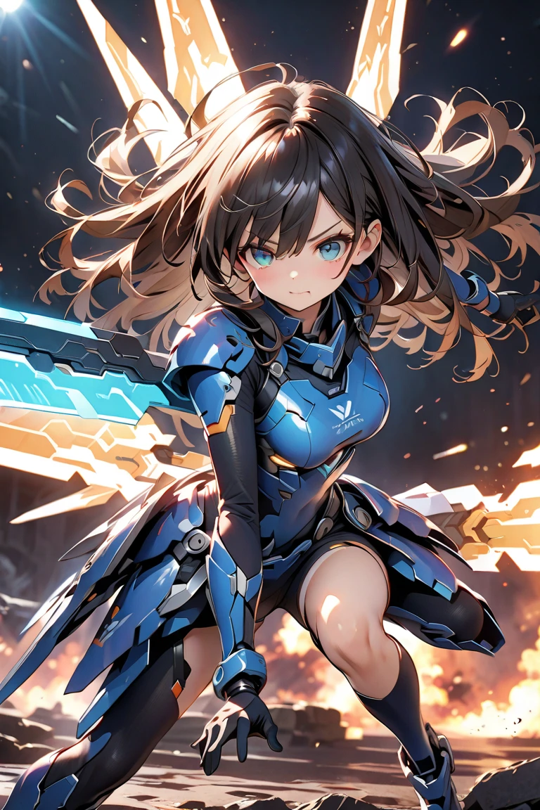 (photo-realistic, ultra realistic 8k CG:1.2),perfect artwork, delicate pattern, (best quality, intricate detail, extremely intricate:1.2), cinematic lighting, (movie poster:1.2),
1girl, (Chihaya:1.4),(small breasts:1.5), (dark blue hair, long hair, floating hair, wind hair:1.3), skinny, brown eyes, (beam rifle:1.2, sniper rifle:1.3),
- (horizon, distant),
- (blue robot , Mecha, mechanical breastplate, mechanical gauntlets, blue mechanical  full armor, complex cyborg, glowing, parts, headgear, mechanical ears :1.4), blue leotard, LED, (universe, star (sky) :1.3), spaceship above,
<lora:GlassSteelMecha:1:fz3>,
<lora:mirishita-v2.1:0.7>, Chihaya Kisaragi