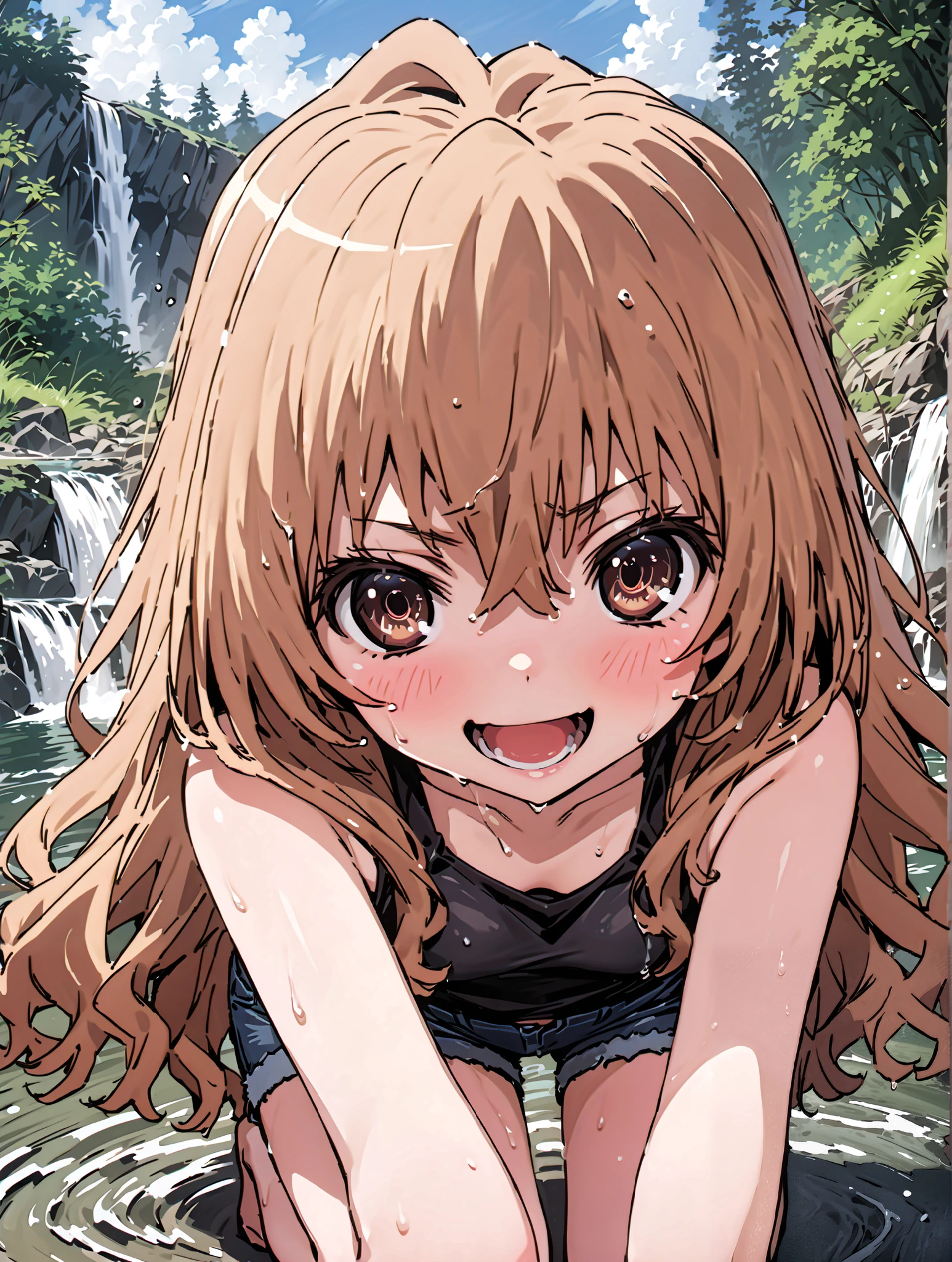 score_9, score_8_up, score_7_up, source_anime,
Taigaisaka, Aisaka Taiga,Alone, long hair, brown hair, brown eyes,ponytail,smile,open your mouth,plain black t-shirt,belly button sticking,Tie the hem of the shirt,denim micro shorts,Bare legs,wet skin,wet hair, wet clothes,in line of sight,river,Mountain,forest,waterfall,river遊び, playing in the water,full bodyがillustration for both eyesに入るように,
break outdoors, nature,
break looking at viewer,full body,
break (masterpiece:1.2), top quality, High Resolution, Unity 8K Wallpaper , (illustration for both eyes:0.8), (Beautiful Detailed Eyes:1.6), very detailed face, perfect lighting, highly detailed CG, (perfect hand, perfect anatomy),