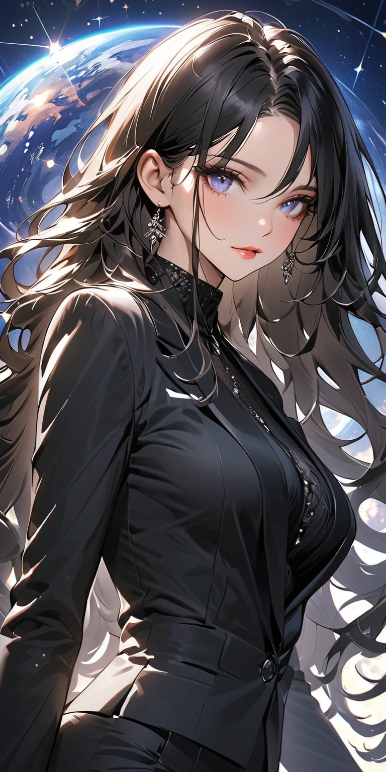 A masterpiece, very detailed, ultra detailed, one, (1 woman), a woman in a closed black dress with cosmic details, with black eyes, long black straight hair and a parting on the side, with huge breasts (big), around her small planets and galaxies, she is against the background of space