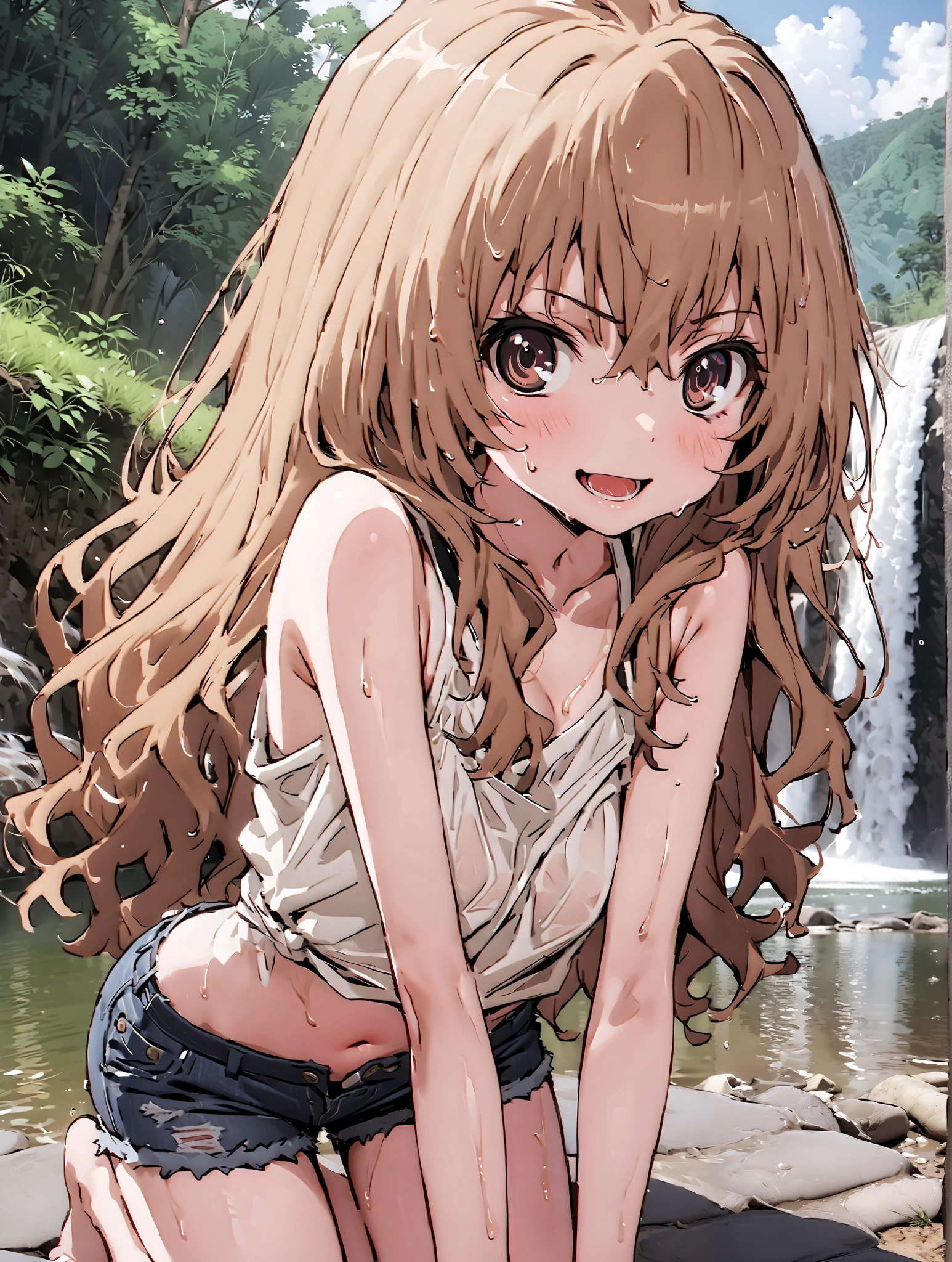 score_9, score_8_up, score_7_up, source_anime,
Taigaisaka, Aisaka Taiga,Alone, long hair, brown hair, brown eyes,ponytail,smile,open your mouth,plain black t-shirt,belly button sticking,Tie the hem of the shirt,denim micro shorts,Bare legs,wet skin,wet hair, wet clothes,in line of sight,river,Mountain,forest,waterfall,river遊び, playing in the water,full bodyがイラストに入るように,
break outdoors, nature,
break looking at viewer,full body,
break indoors, classroom,
break looking at viewer,
break (masterpiece:1.2),top quality , kampala, Unity 8K Wallpaper ,(shape:0.8),( fine, beautiful eyes :1.6),It's a person ,full body写真,CG Details , (perfect hands with full nudity, complete anatomy),