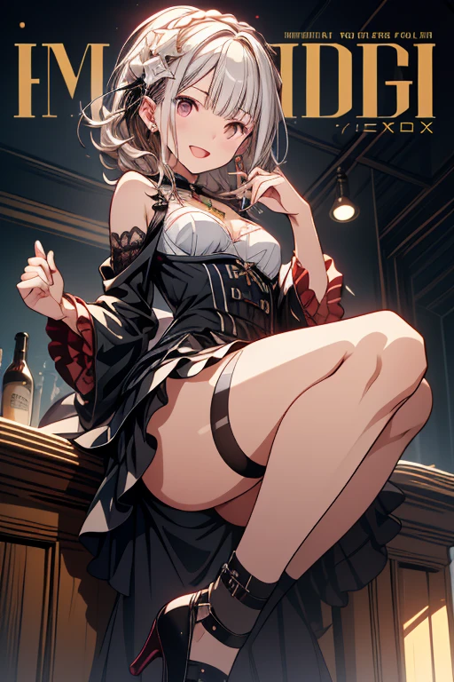 (from below:1.5),(from side:0.9), ((Face)), (Close-Up:1.2), masterpiece,"A 26-year-old girl stands at a bar counter. She is dressed in a stylish off-shoulder dress, sweater dress, off-shoulder sweater, red sweater,garter stocking, cleavage:1.1, midriff, black shorts, black thighhighs, thigh strap, pretty girl, (highly detailed beautiful face and eyes,firm breasts),real skin,((black,hair,long pony tail hair)),thin pubic hair,cute and lovely pose, detailed eyes, This masterpiece is only visually stunning but also tells,(double breasted:0.6,under bust:0.6),(with sparkling eyes and a contagious smile),open mouth. The bar is beautiful, with colorful bottles of alcohol in the background and a soft glow from neon lights. The atmosphere is relaxed, and the girl looks confident and fashionable.",full body, sexy pose,make a cocktail , in a bar counter, Looking at Viewer,