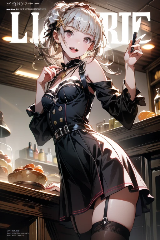 (small breasts:1.2), (perky chest:1.2), (pointed chest:1.2), (Pudding cake magazine cover:1.3),(from above:1.0),(shoot from the side:1.1),masterpiece, 1girl, Amazing Cleavage:1.1, thin waist, optimum,tmasterpiece,hight resolution,best qualtiy,hyper HD,super detailing,awardwinning,a 18yo cute girl,(The upper part of the body),anatomy correct,Beautiful Black miniskirt,garters,Gaze,Small face,bangss,holster,Beautuful Women,hands up,leg holster,Gaze,black boots,Cowboy Shot,cute face,a blond,Longhaire,Twin-tailed,Braids, Hairline,(scarlet eyes),long eyelasher,Hanging eye corners,White skin of the, ((see through camisole:1.1)), ((Sheer nipples:1.0)),Rocket Tits,(Slim body),smile,seductive weak smiling,(with sparkling eyes and a contagious smile),little open mouth, Looking at Viewer,