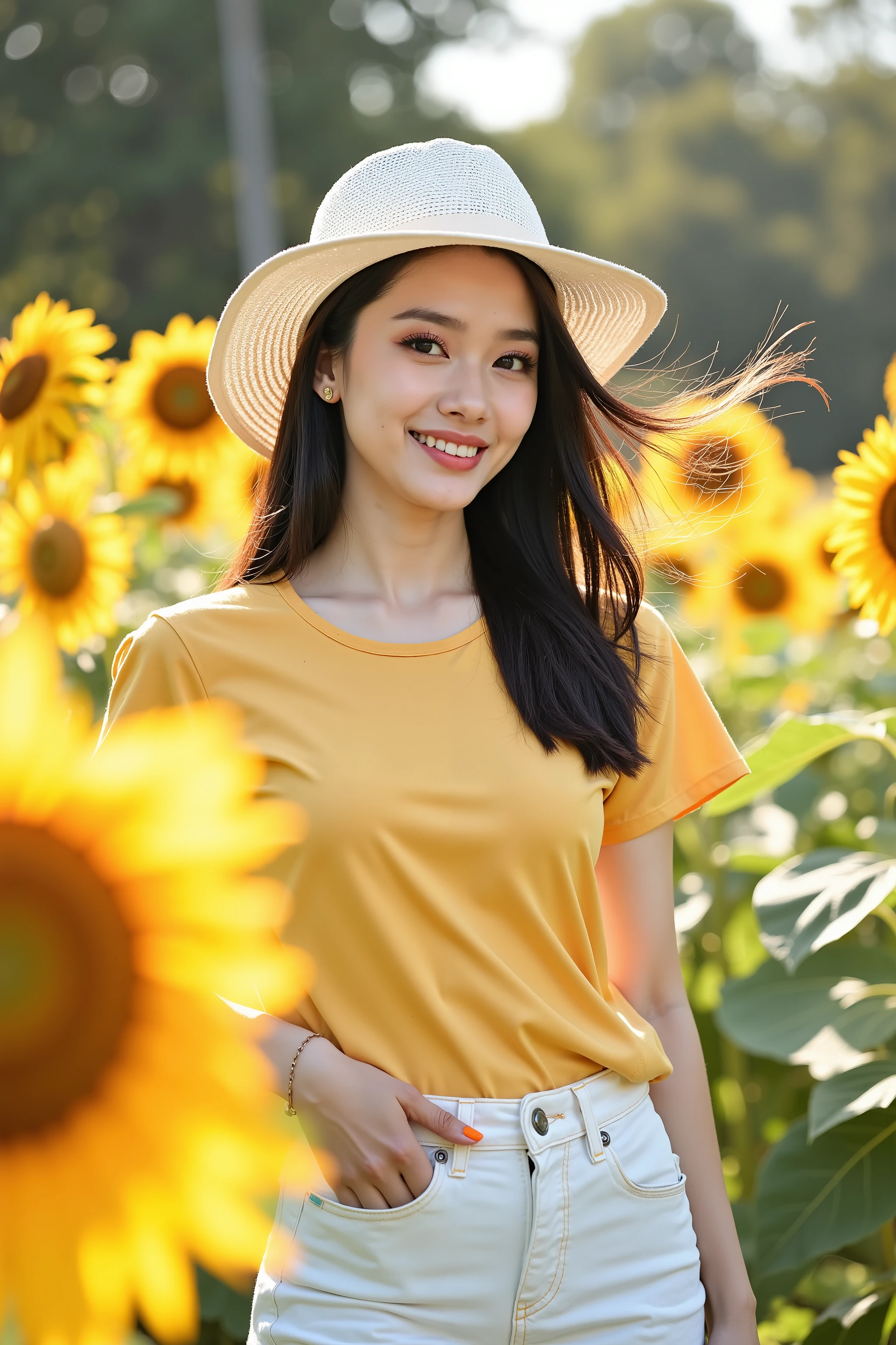 close up shot photo, social media photo, realistic portrait photo of a beautiful Asian woman, she is a professional model, she wearing on yellow short sleeve shirt and white denim pants, she wear a white boardbrim, beautiful make-up, energitic and youthful pose, natural posing, sunlights outline her figure, she has orange color fingernails, looking at the viewer with attractive gaze, wind gently blowing her hair, she standing in a garden of sunflowers, detailed photo, high quality image, summer vibe, back lighting, light flare, depth of field, bokeh
