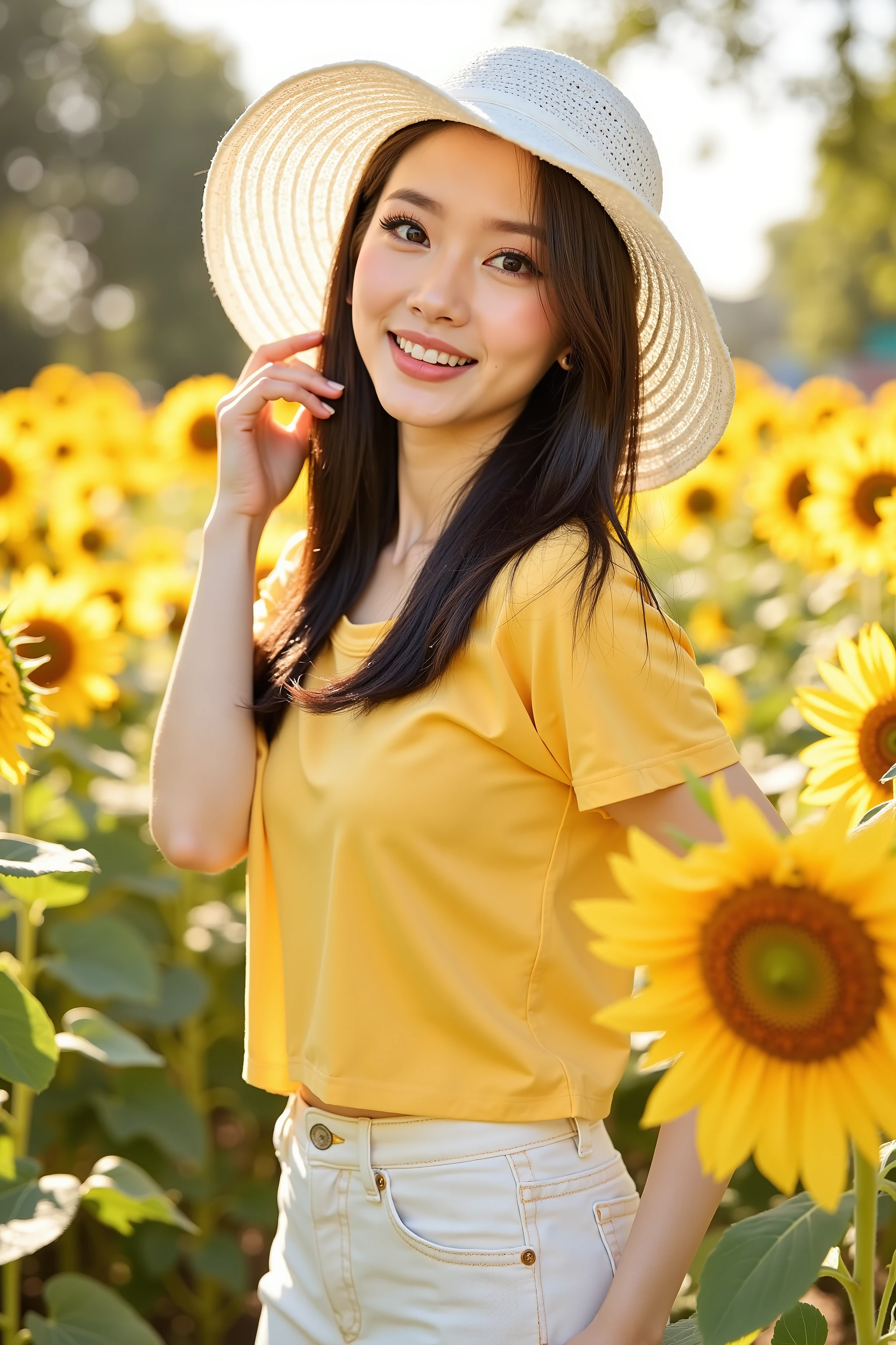 close up shot photo, social media photo, realistic portrait photo of a beautiful Asian woman, she is a professional model, she wearing on yellow short sleeve shirt and white denim pants, she wear a white boardbrim, beautiful make-up, energitic and youthful pose, natural posing, sunlights outline her figure, looking at the viewer with attractive gaze, wind gently blowing her hair, she standing in a garden of sunflowers, detailed photo, high quality image, summer vibe, back lighting, light flare, depth of field, bokeh