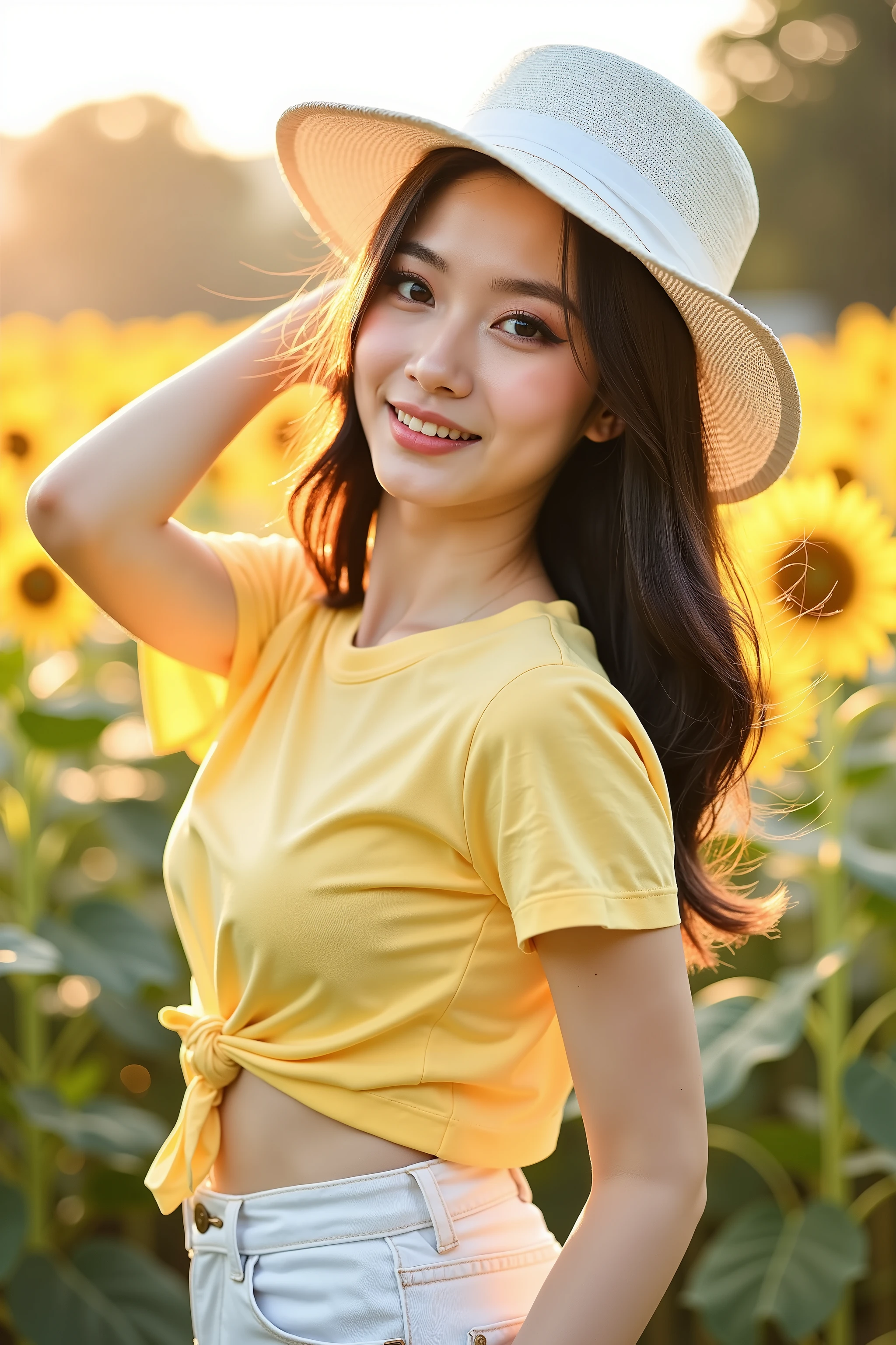 close up shot photo, social media photo, realistic portrait photo of a beautiful Asian woman, she is a professional model, she wearing on yellow short sleeve shirt and white denim pants, she wear a white boardbrim, beautiful make-up, energitic and youthful pose, natural posing, sunlights outline her figure, looking at the viewer with attractive gaze, wind gently blowing her hair, she standing in a garden of sunflowers, detailed photo, high quality image, summer vibe, back lighting, light flare, depth of field, bokeh