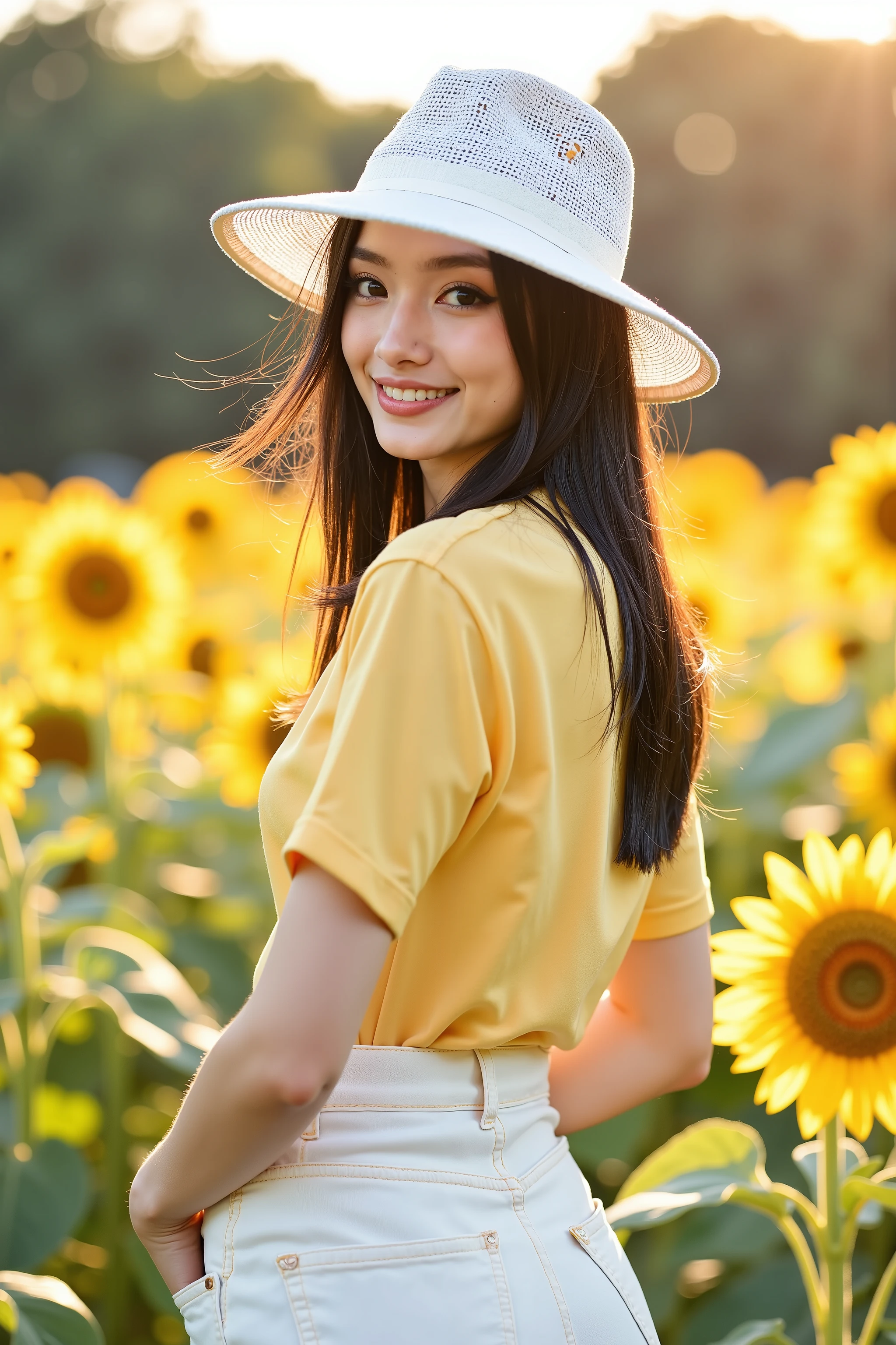 close up shot photo, social media photo, realistic portrait photo of a beautiful Asian woman, she is a professional model, she wearing on yellow short sleeve shirt and white denim pants, she wear a white boardbrim, beautiful make-up, energitic and youthful pose, natural posing, sunlights outline her figure, hand in pocket, looking at the viewer with attractive gaze, wind gently blowing her hair, she standing in a garden of sunflowers, detailed photo, high quality image, summer vibe, back lighting, light flare, depth of field, bokeh