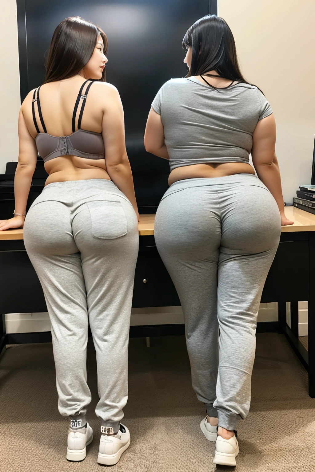 (((1girl))) short young white woman standing alone at desk in an office with back to viewer, wearing a tight orange and yellow striped pants and white long sleeve shirt with snug black vest, with a short pixie-cut and ponytail, standing, ((full body shot)), with very large butt stretching pants, huge butt, big butt, (bubble butt), ((enormous butt)), wearing white tennis shoes and ankle high ruffled white socks, (((realistic))), lots of background visible