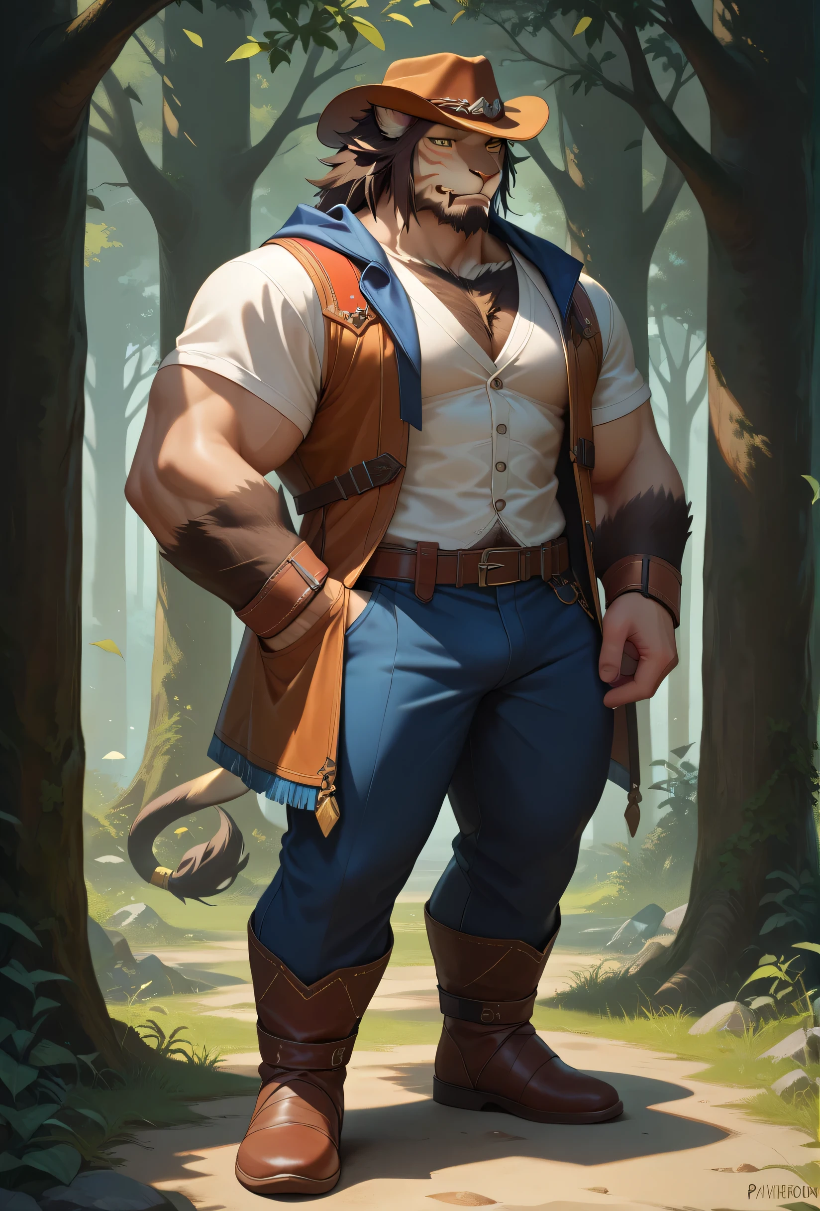 Score_9_up,Score_8_up,Score_7_up,Score_6_up,hrothgar,male,white vest,white iris,black pupil,deep brown hair,deep brown body hair, Hooded,there are yellow stripes on the body hair,full body,cowboy hat,