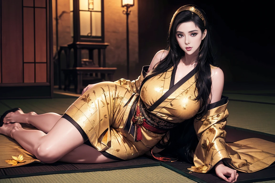 realistic, 1girls, best quality, 12k, HD, long hair, big round breasts, cleavage, ponytail, necklace, jewelry, shorts, short jacket, slim hips, hair tie, yellow eyes, black hair, super detailed, Detail eyes, hair details, person details, mouth details, face details, breast details, clothes details, hair details, pants details, hand details, whole body