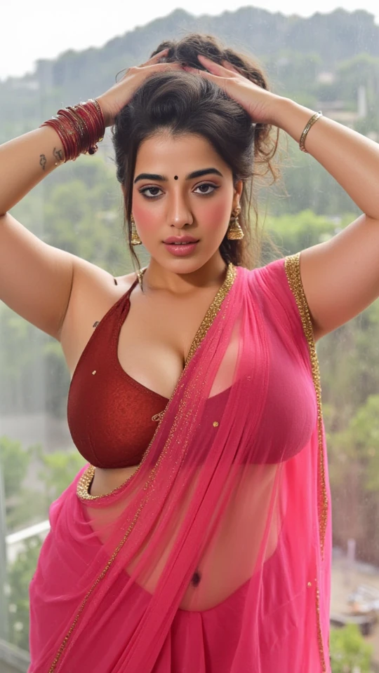 A very close picture of Indian, winding, hourglass figure, very extremely massive Breasts swoop, not wearing bra, visible nipples, bend down and hanging breasts, Shows deep cleavage, Kneeling in ceremonies, French braid hair, necklace, bra less saree, not wearing bra, Sexy maroon saree and not wearing bra, Sultry, Alluring eyes, not wearing bra, Look at the viewer and smile, (Cinematic:1.3), Complex details, (ArtStation:1.2