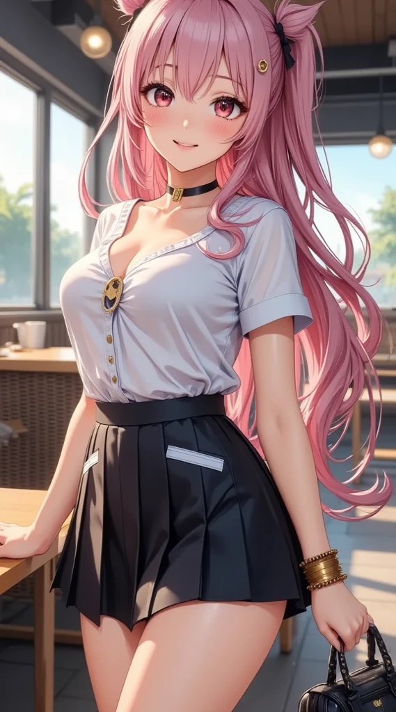 one woman, pink hair, gyaru, canine, Pink Eyes, Dumplings, navel, manicure, curly long hair, neat white uniform, piercer, smiling mouth, cleavage, cute, short pink skirt, lollipop in hand