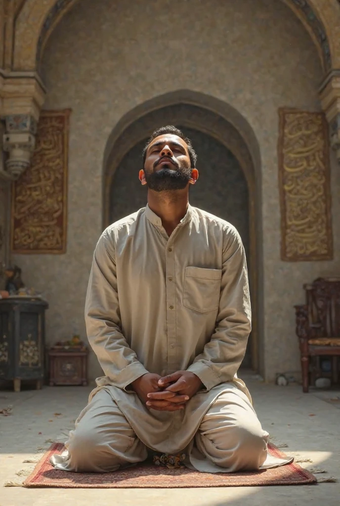 A muslim man is regretting by crying in night for his sins to allah