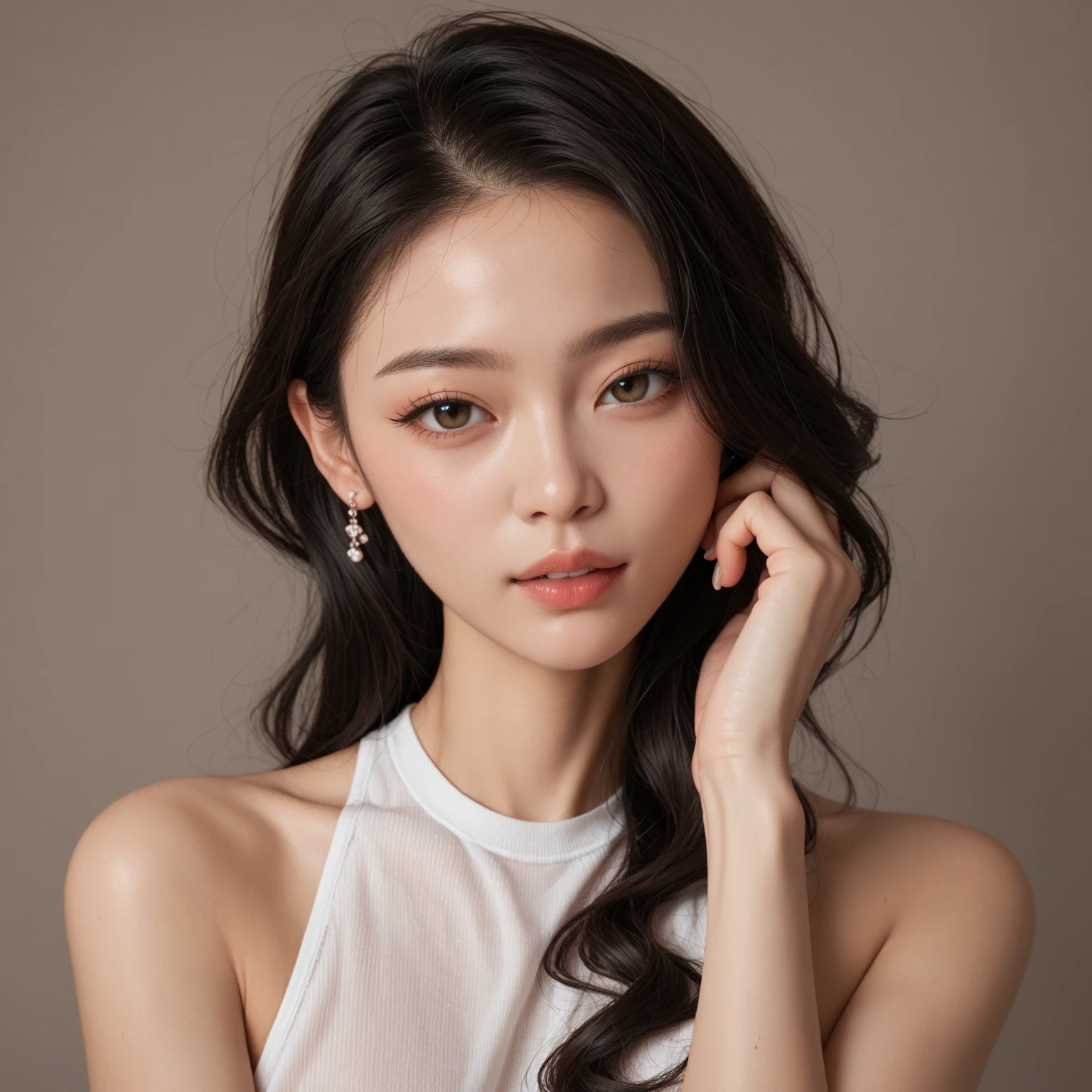 best qualtiy，tmasterpiece，超高分辨率，(photorealestic),（realisticlying：1.4），RAW photogr，1girll，(Full body photo，inside in room，sit on chair，legs crossed)，good-looking face，slim，dignified，Small Fresh，（White color blouse，black short skirt），ssmile，cabelos preto e longos，Beautiful hair accessories，Beautiful teenage girl，Detailed scenes, Beautiful digital illustration, the detail，Hyper-detailed, Cinematic quality, (Beauty and aesthetics，big breasts beautiful)，correct hand，anatomy correct, ((from below))