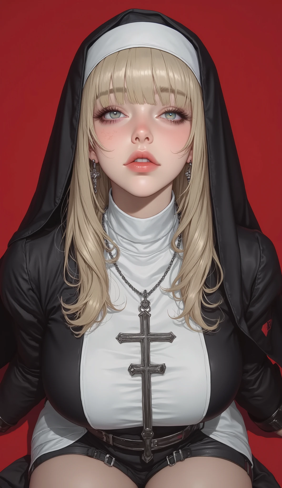 extremely detailed CG, high resolution, best quality, masterpiece, single woman, light blue eyes, (beautiful detailed eyes: 1.4), light blonde hair, nun attire, thicc, blushing, monastery , single solid color background