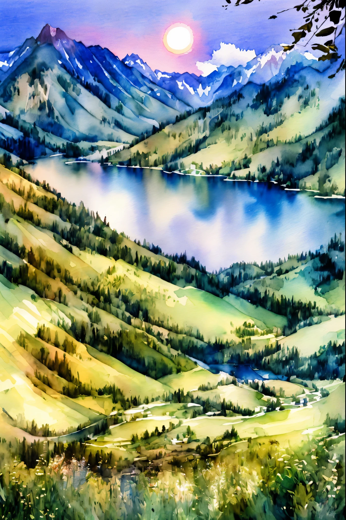 detailed watercolor landscape, pastel colors, lush greenery, rolling hills, vibrant flowers, serene lake, wispy clouds, warm sunlight, ethereal atmosphere, soft brushstrokes, dreamlike quality, masterpiece, 8k, high resolution, photorealistic